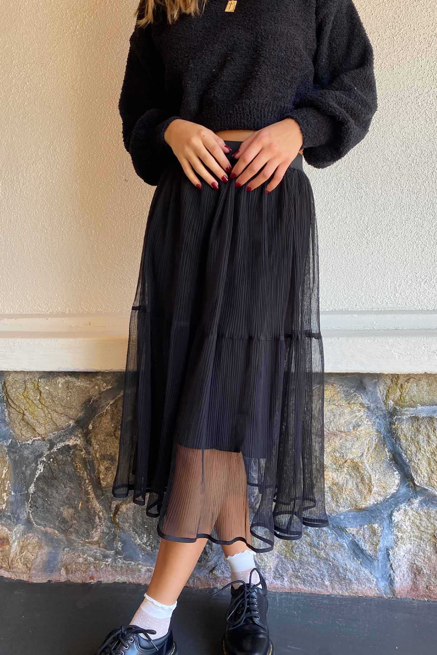 Sheer Pleated Mesh Midi Skirt