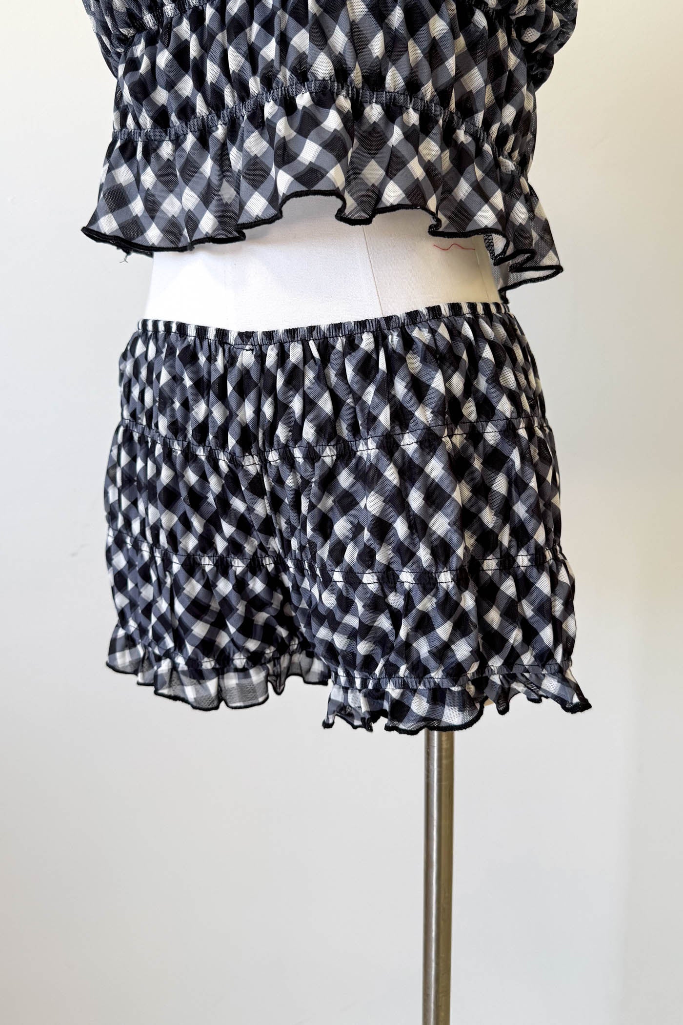 Black Mesh Checkered Ruffle Shorts