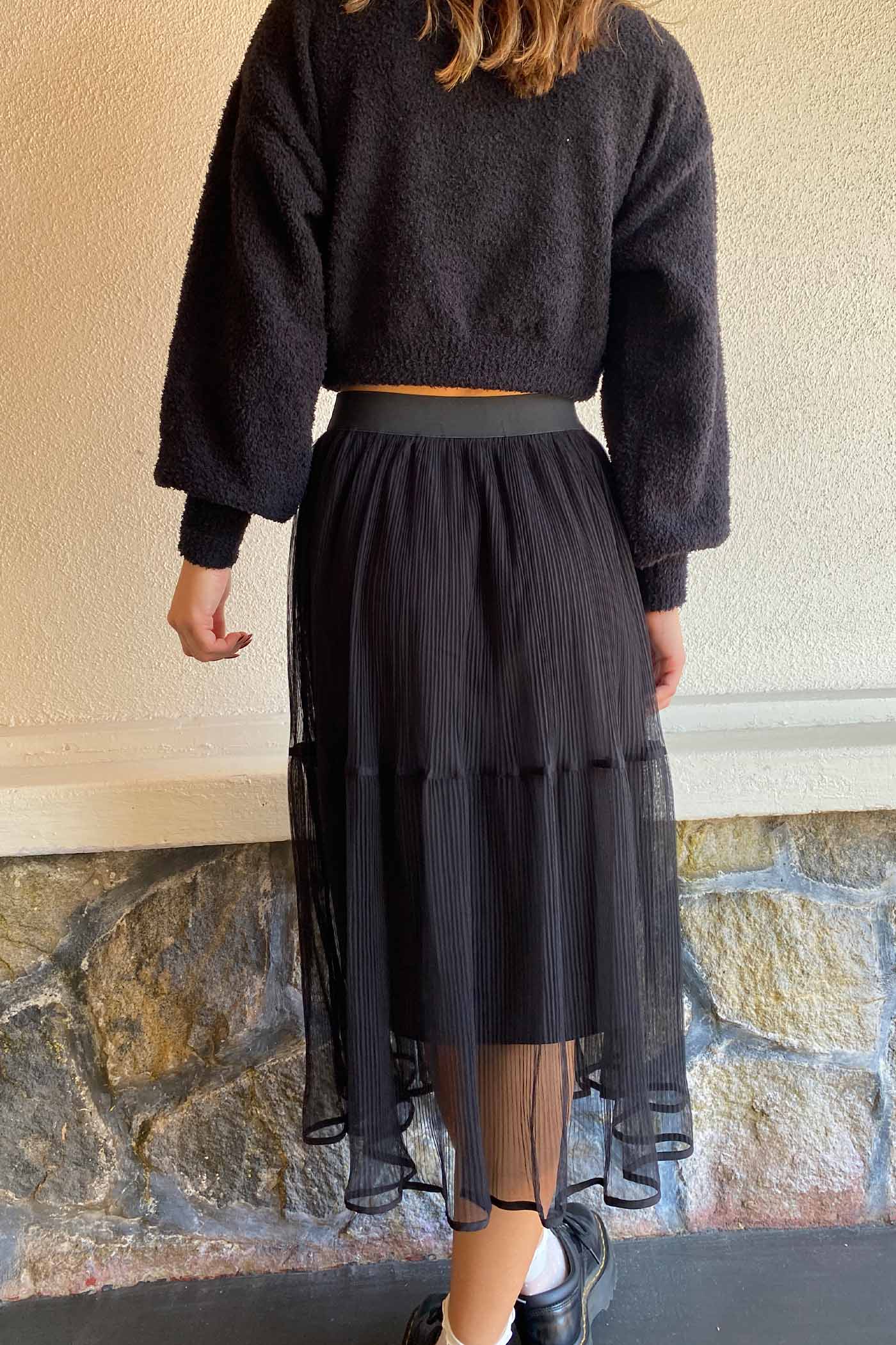 Sheer Pleated Mesh MIdi Skirt