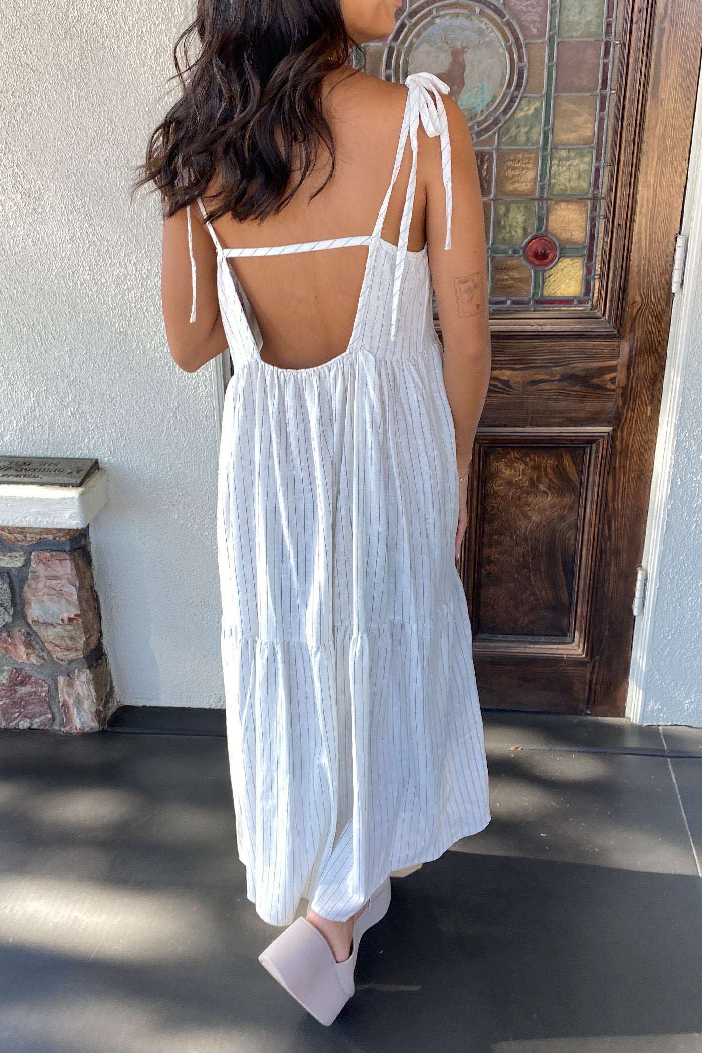 Pinstripe Open Back Maxi Dress