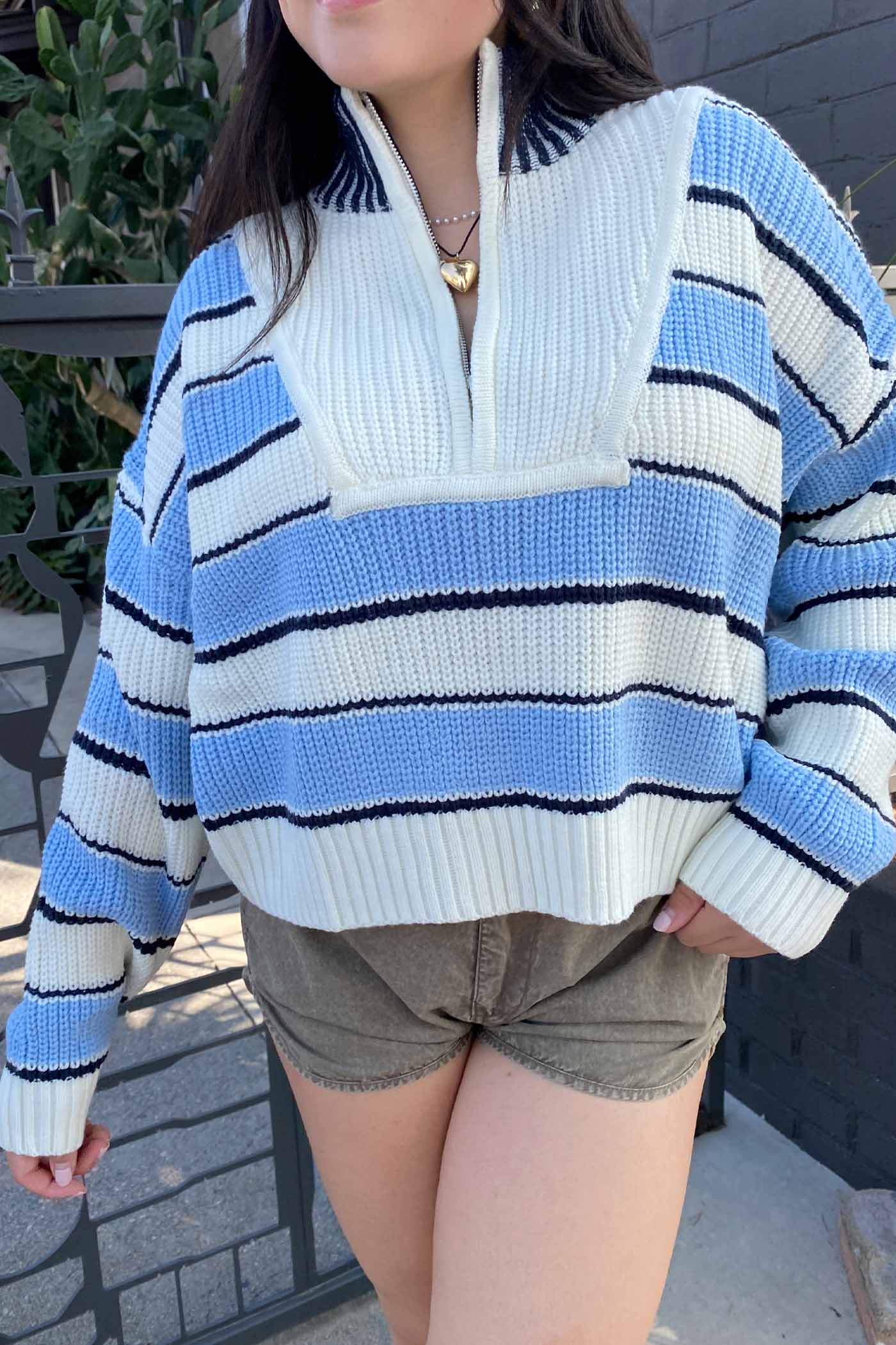 Striped Crochet Zipper Sweater