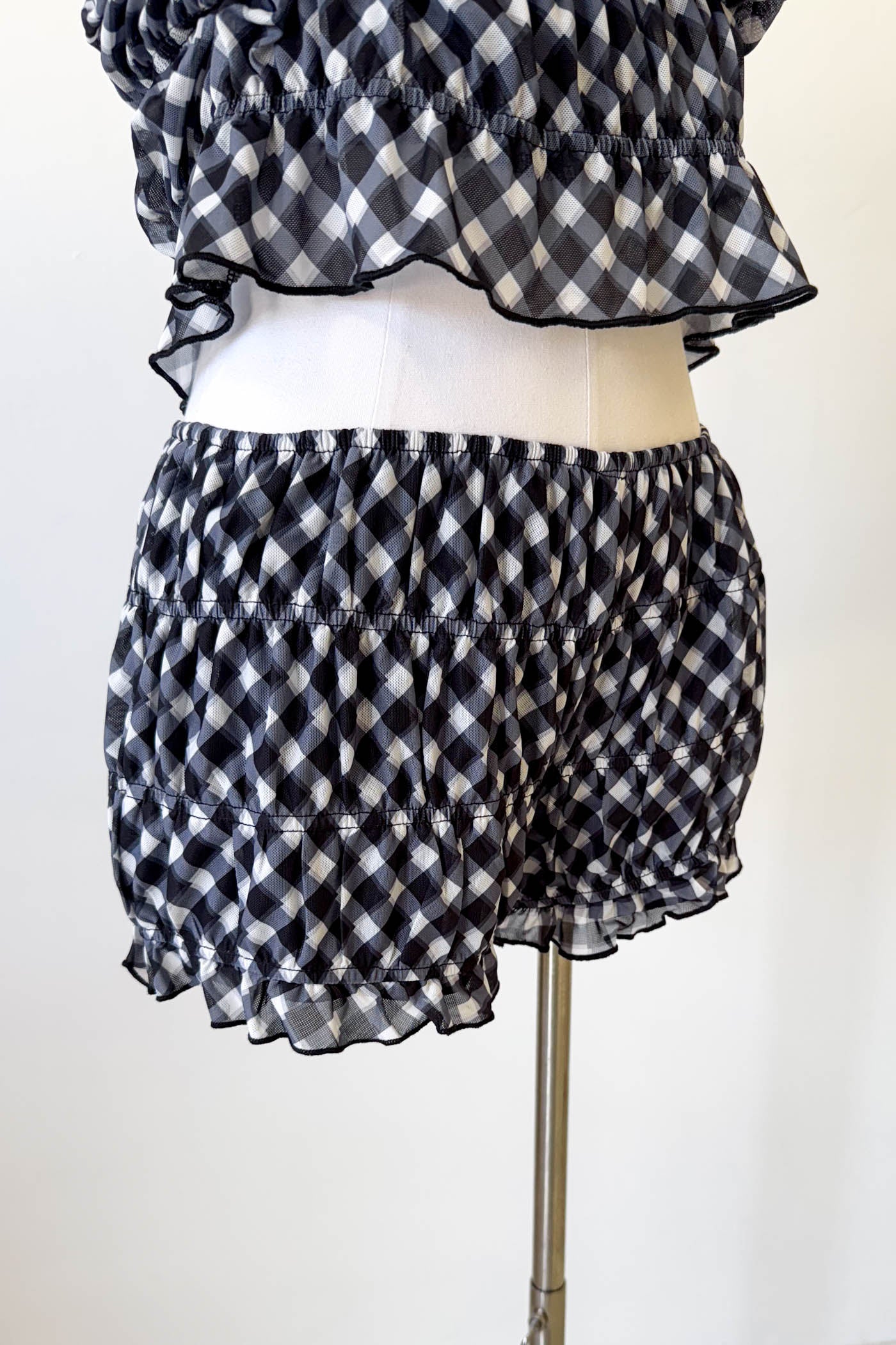 Black Mesh Checkered Ruffle Shorts