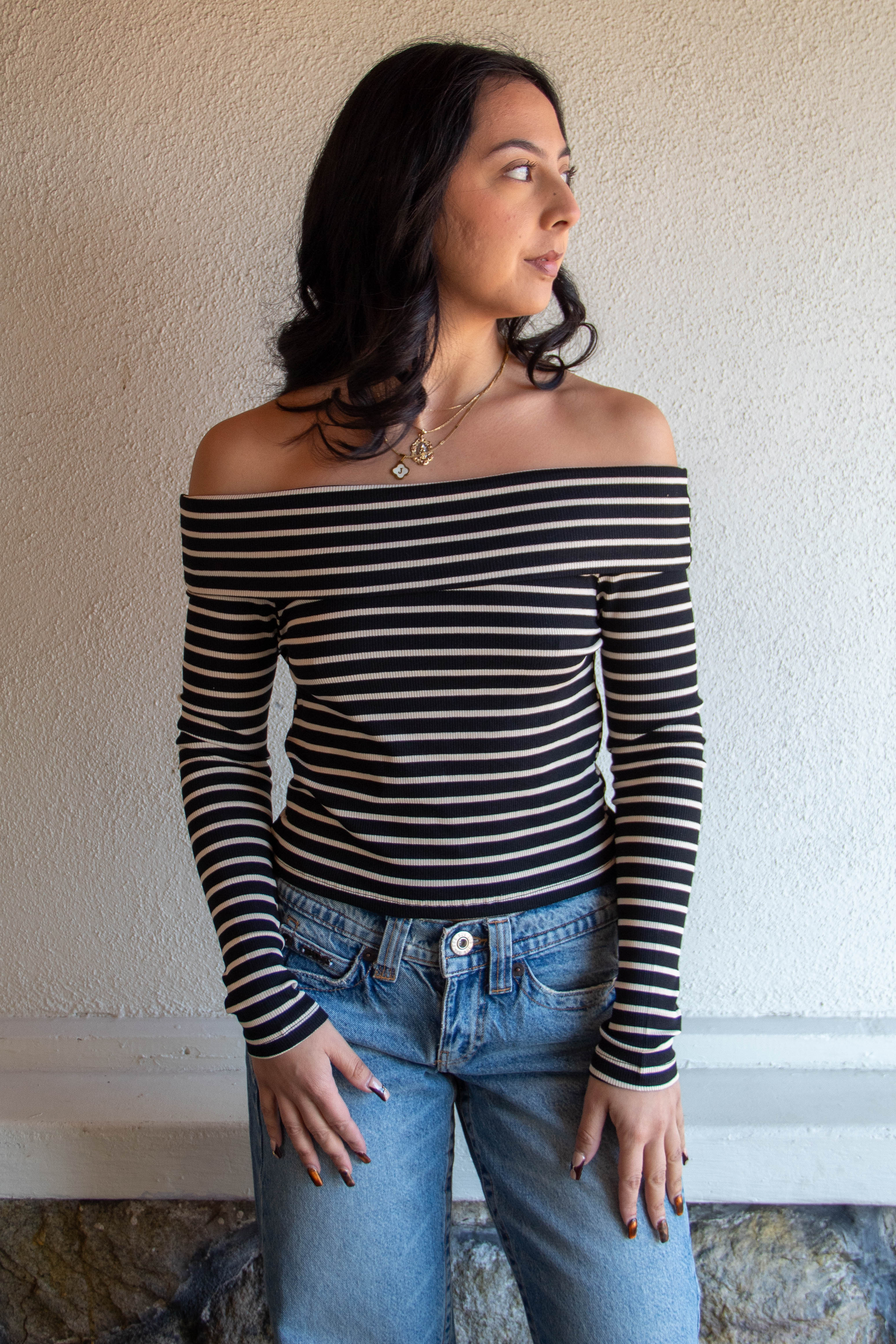 Striped OTS Long Sleeve Top by For Good