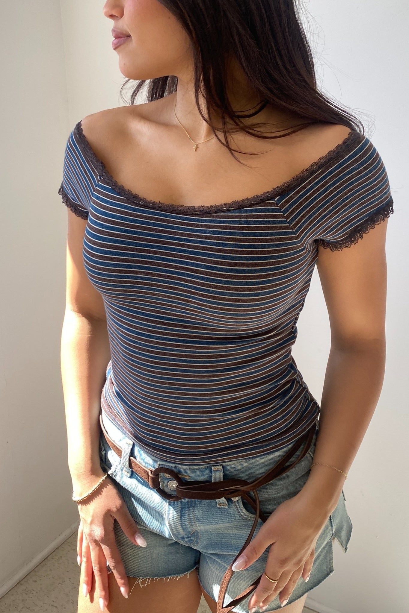 Lace Trim Striped Off The Shoulder Top