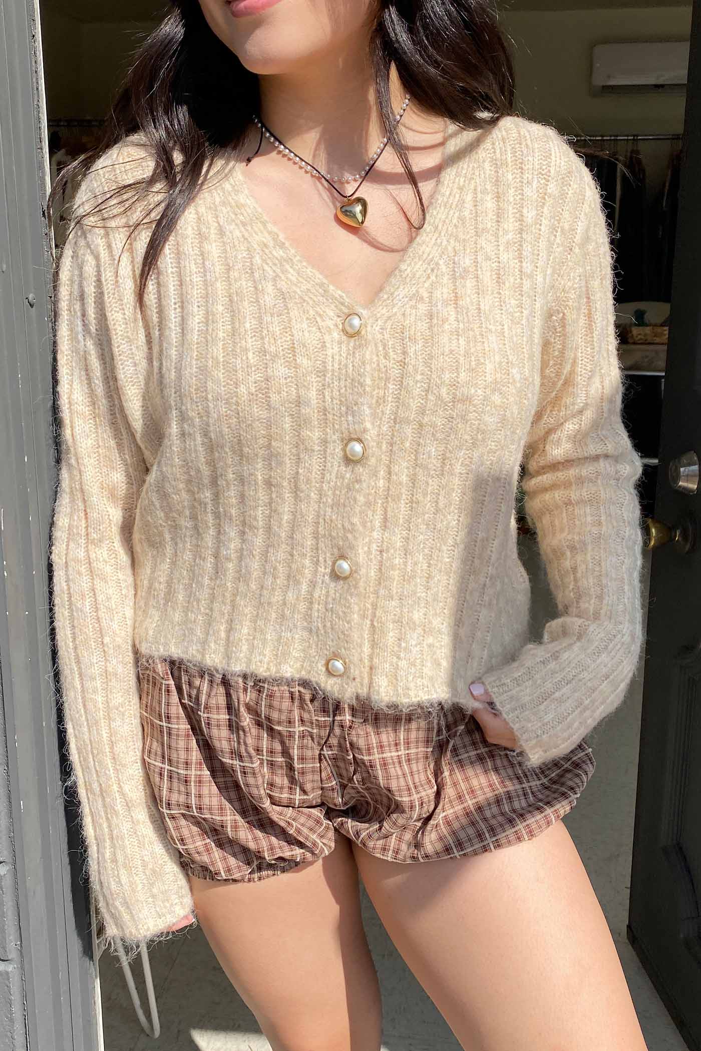 Pearl Button Ribbed Knit Cardigan