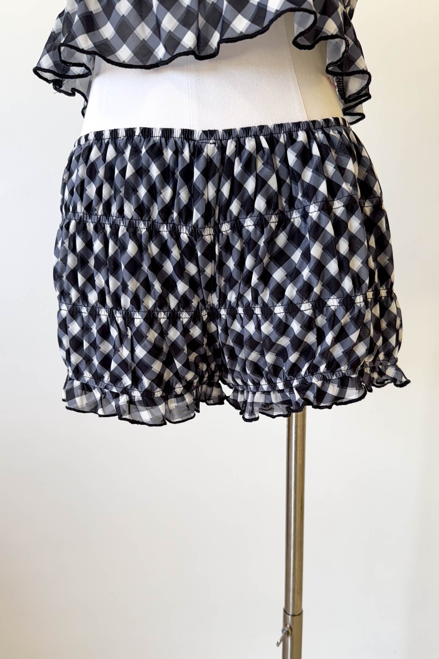 Mesh Checkered Ruffle Shorts