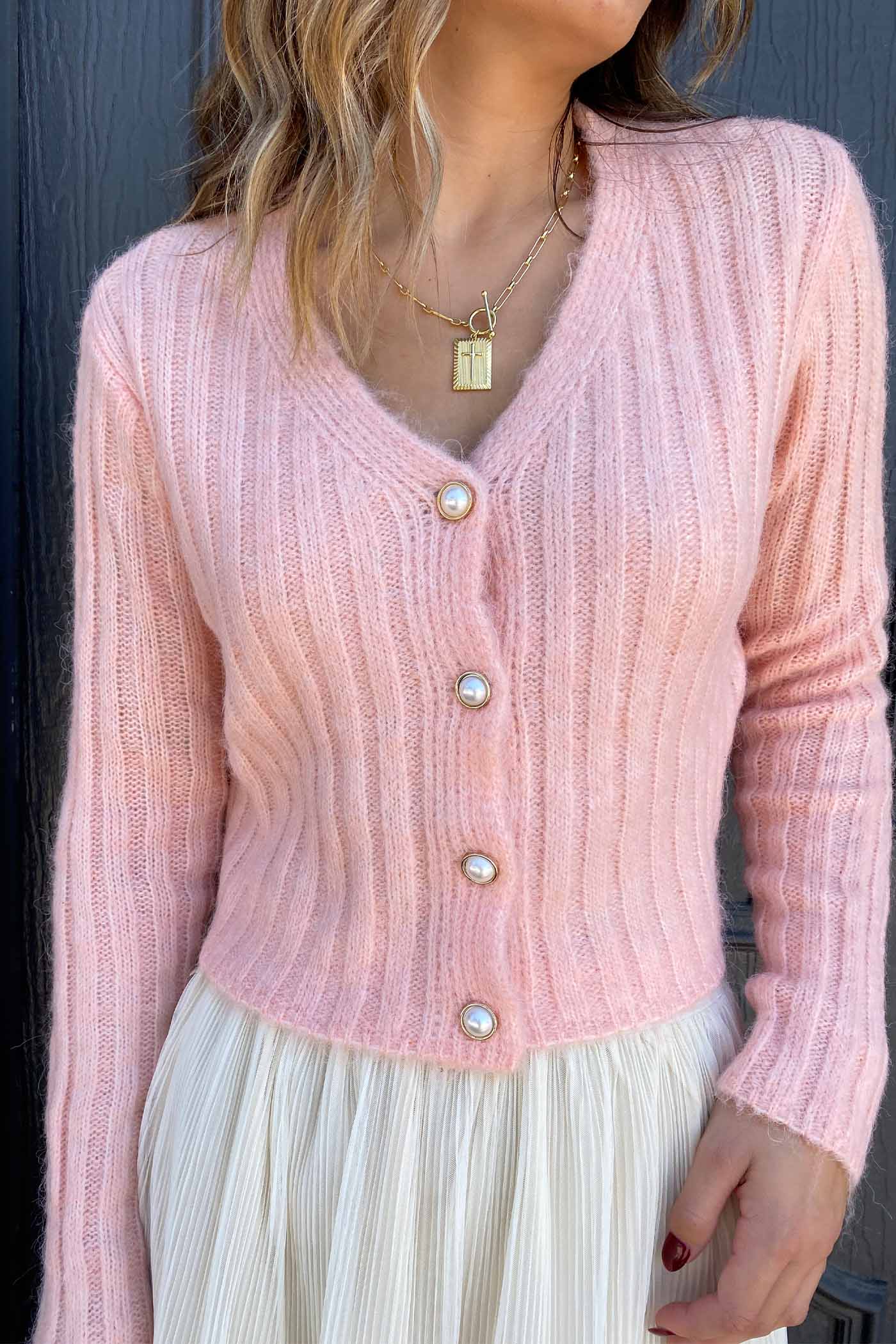 Pearl Button Ribbed Knit Cardigan