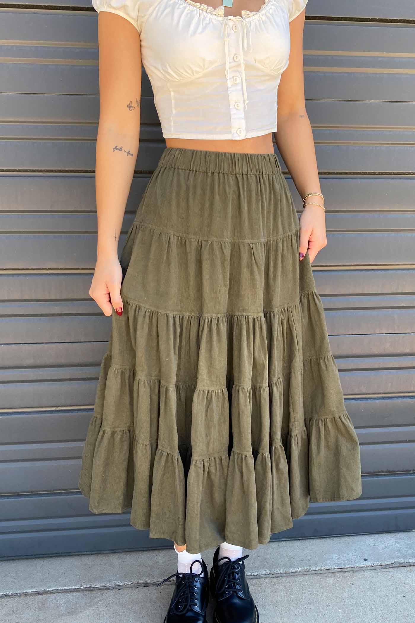 Tiered Corduroy Midi Skirt