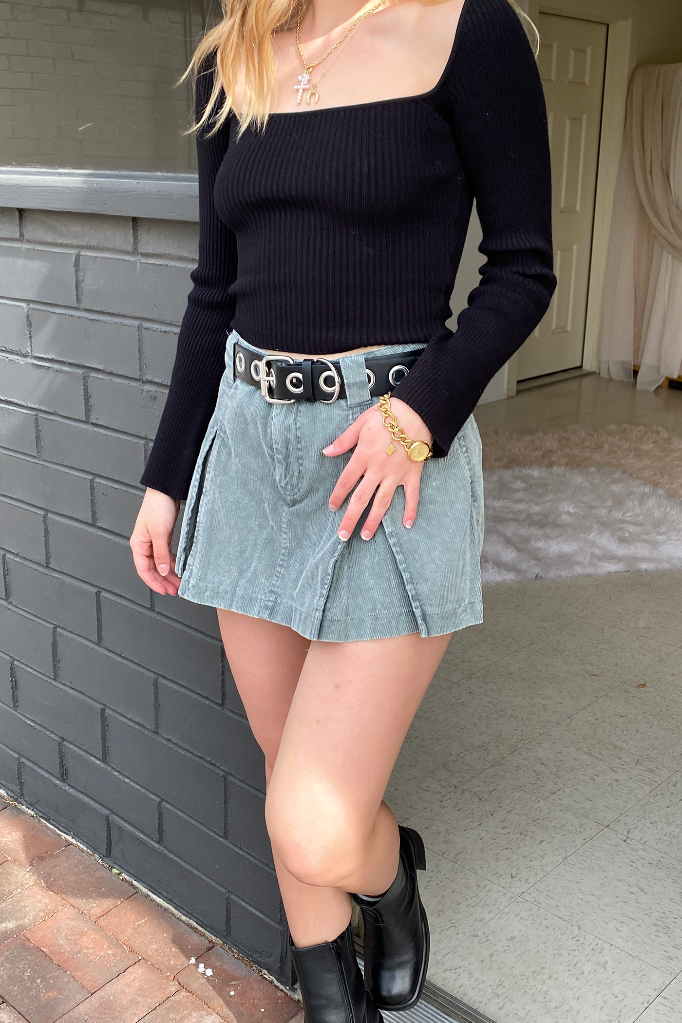 Box Pleats Corduroy Mini Skort