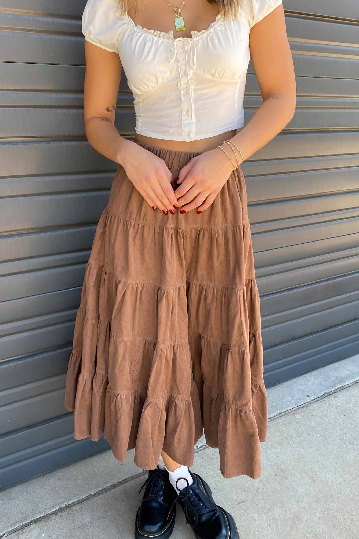 Tiered Corduroy Midi Skirt Brown Large