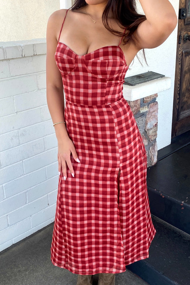 Slit Front Gingham Dress