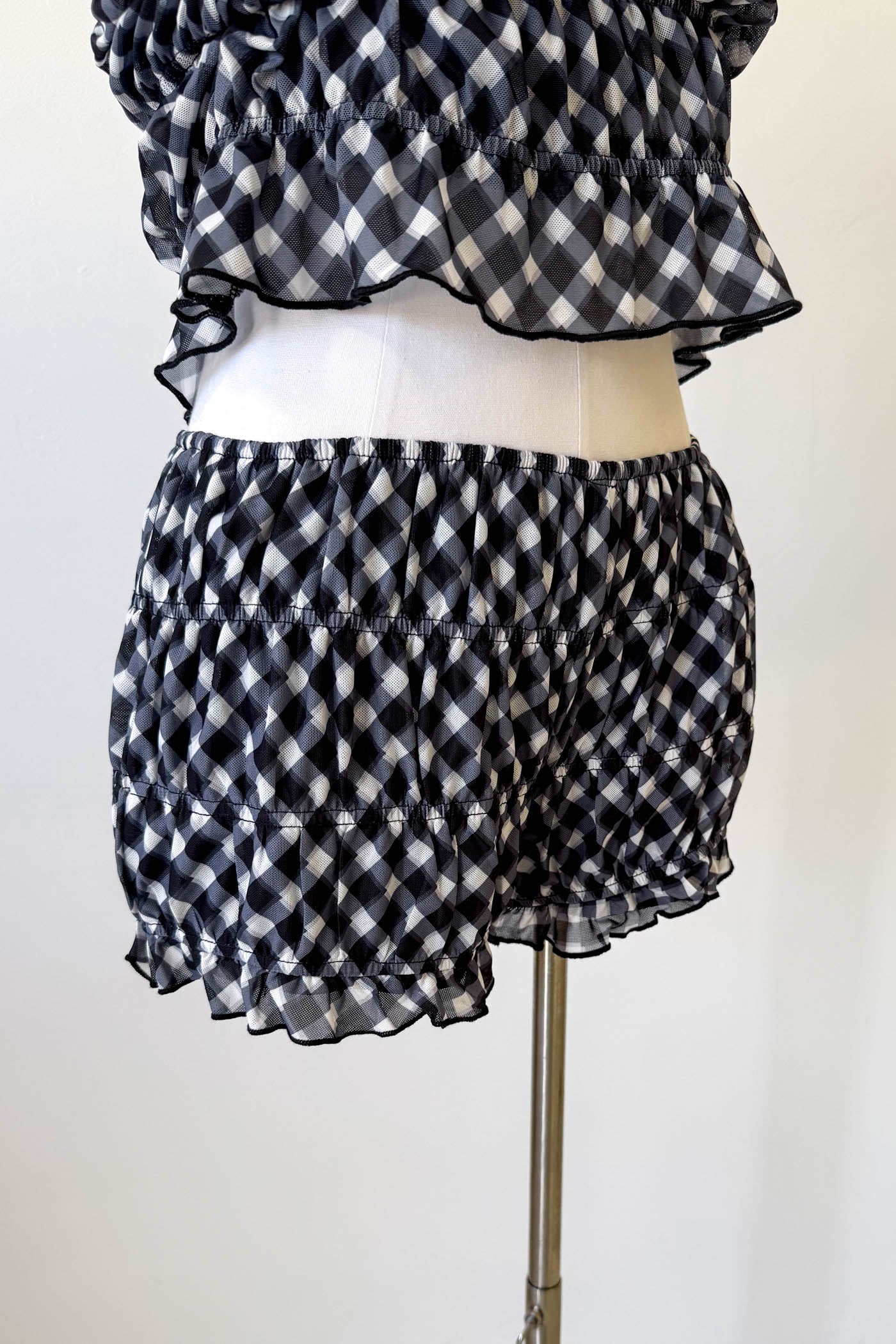 Mesh Checkered Ruffle Shorts
