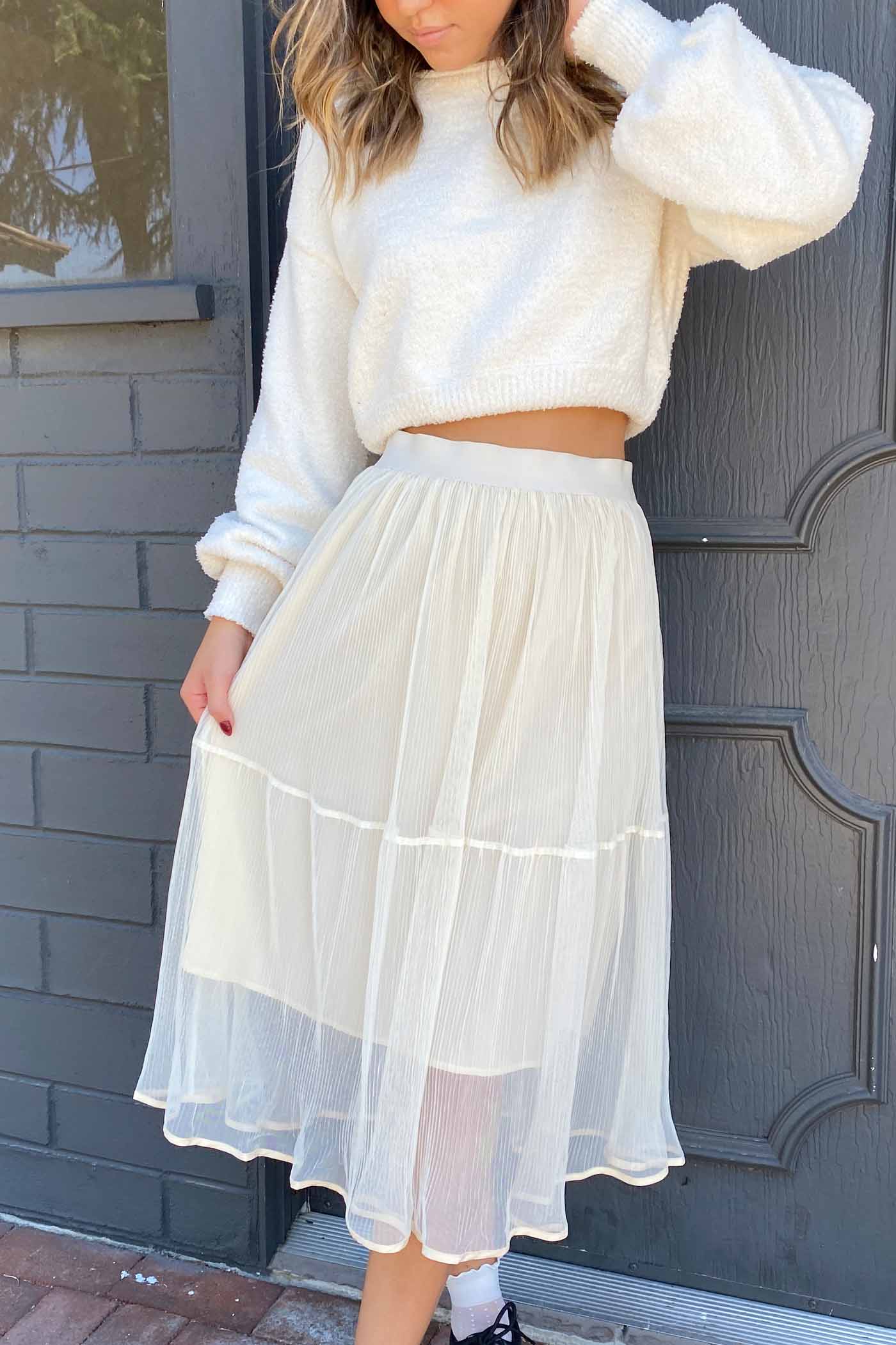 Sheer Pleated Mesh Midi Skirt