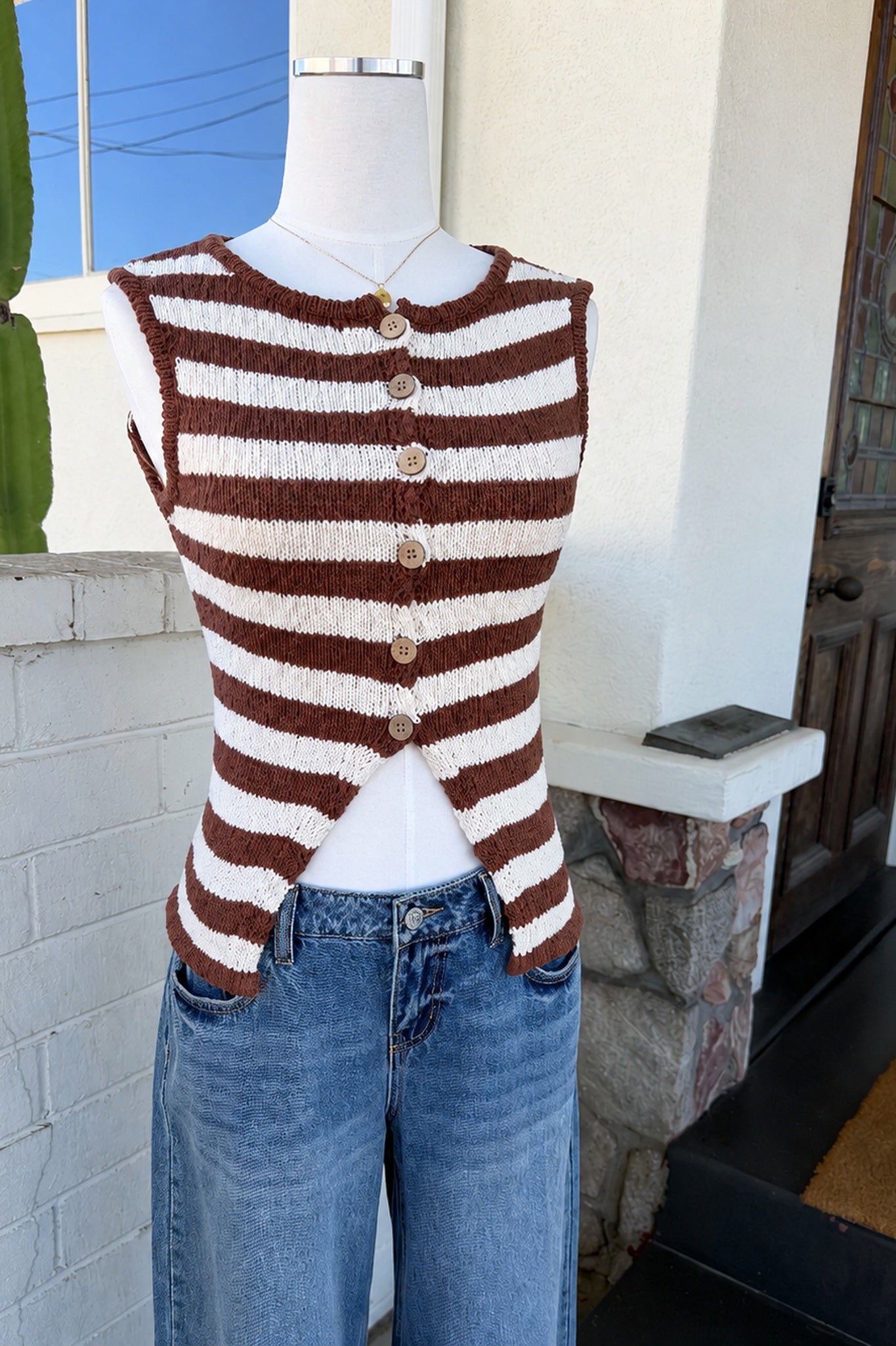 Striped Button Front Knit Vest