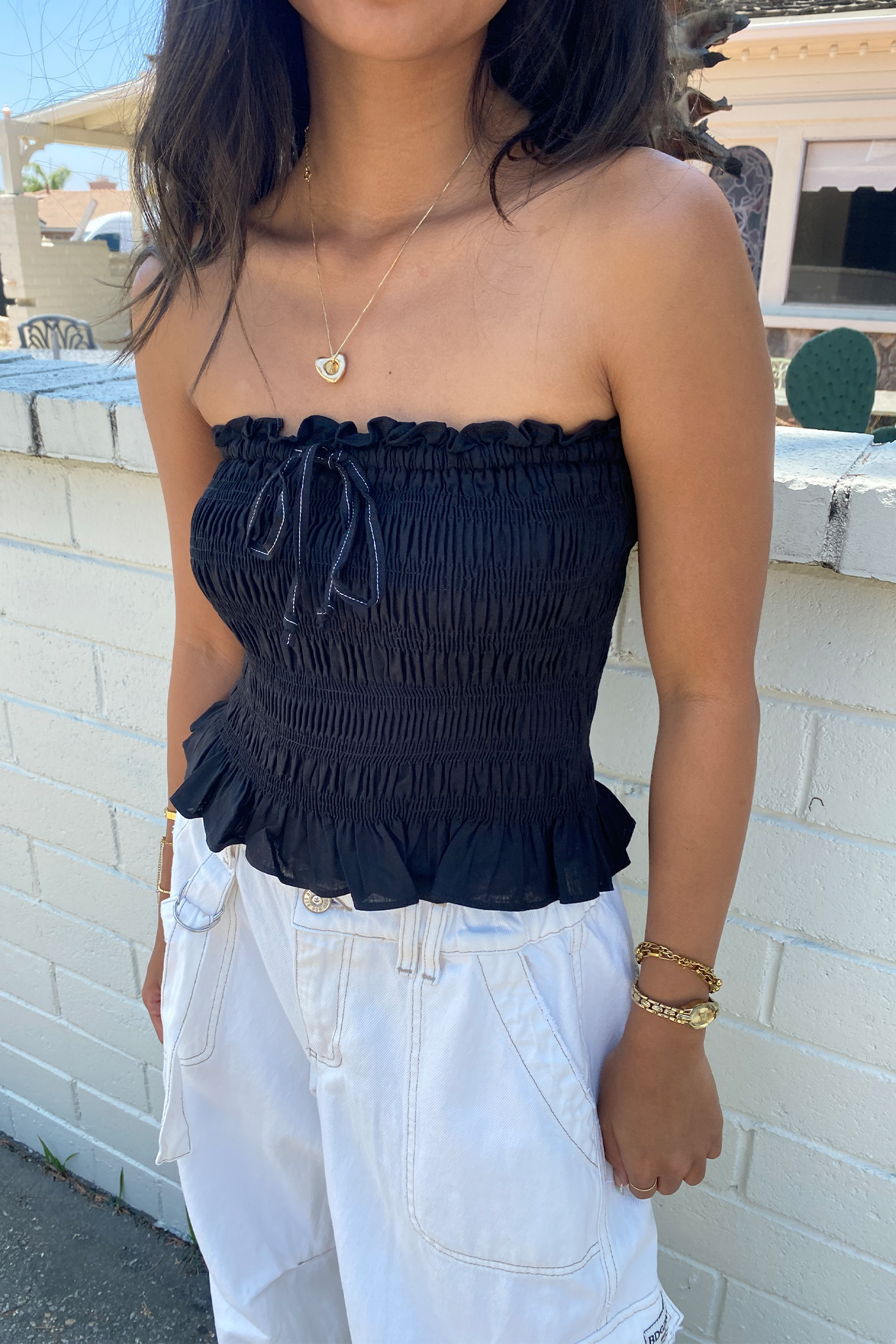 Smocked Ruffle Strapless Top