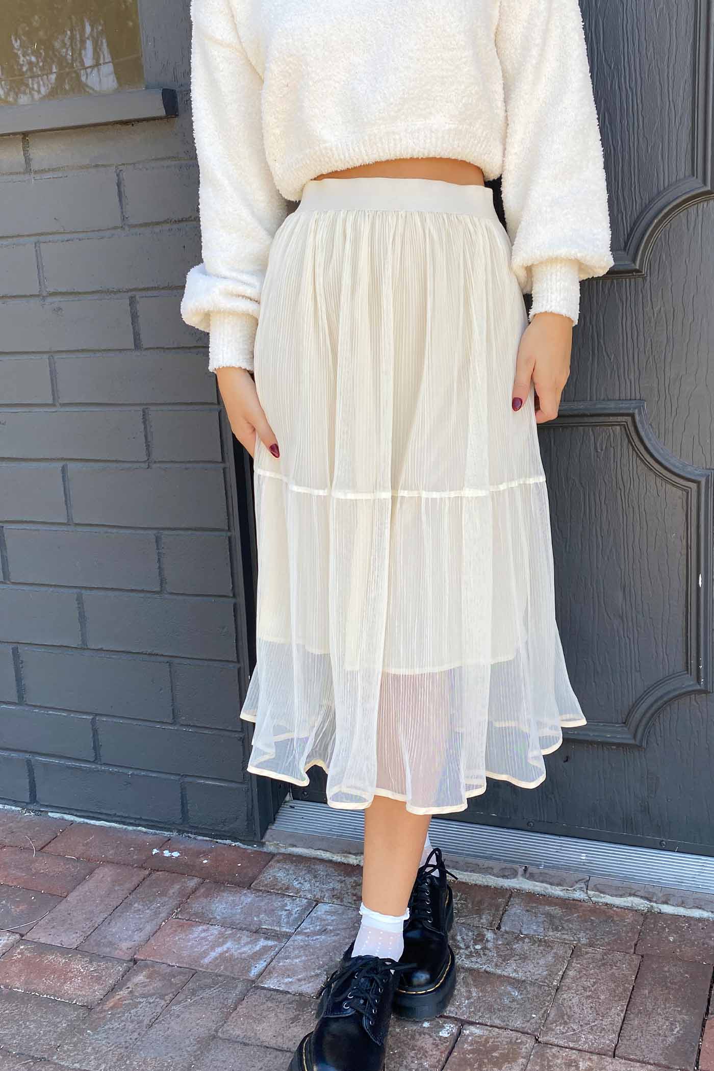 Sheer Pleated Mesh Midi Skirt