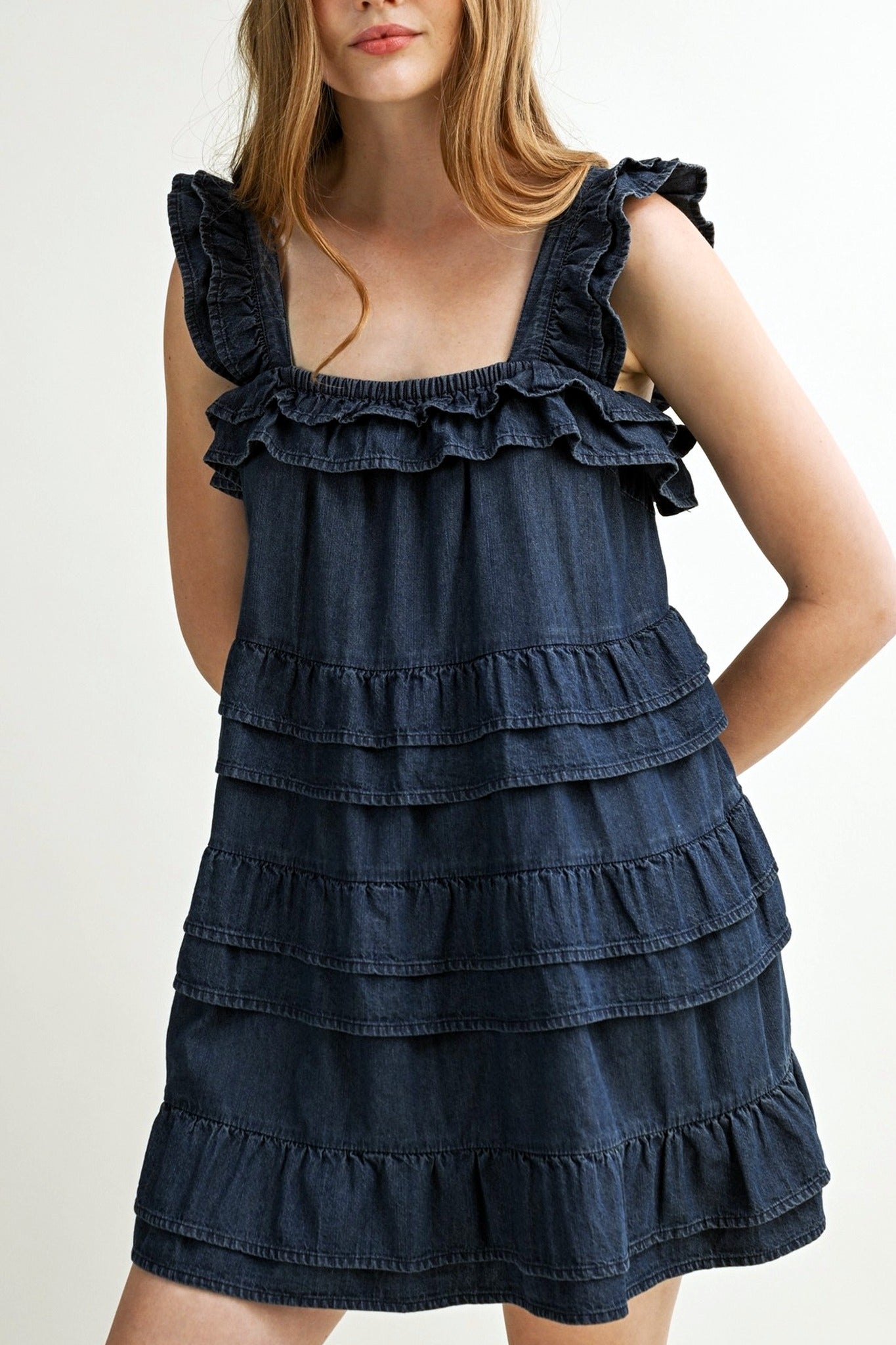 Denim Ruffle Mini Dress Drk Denim / Large