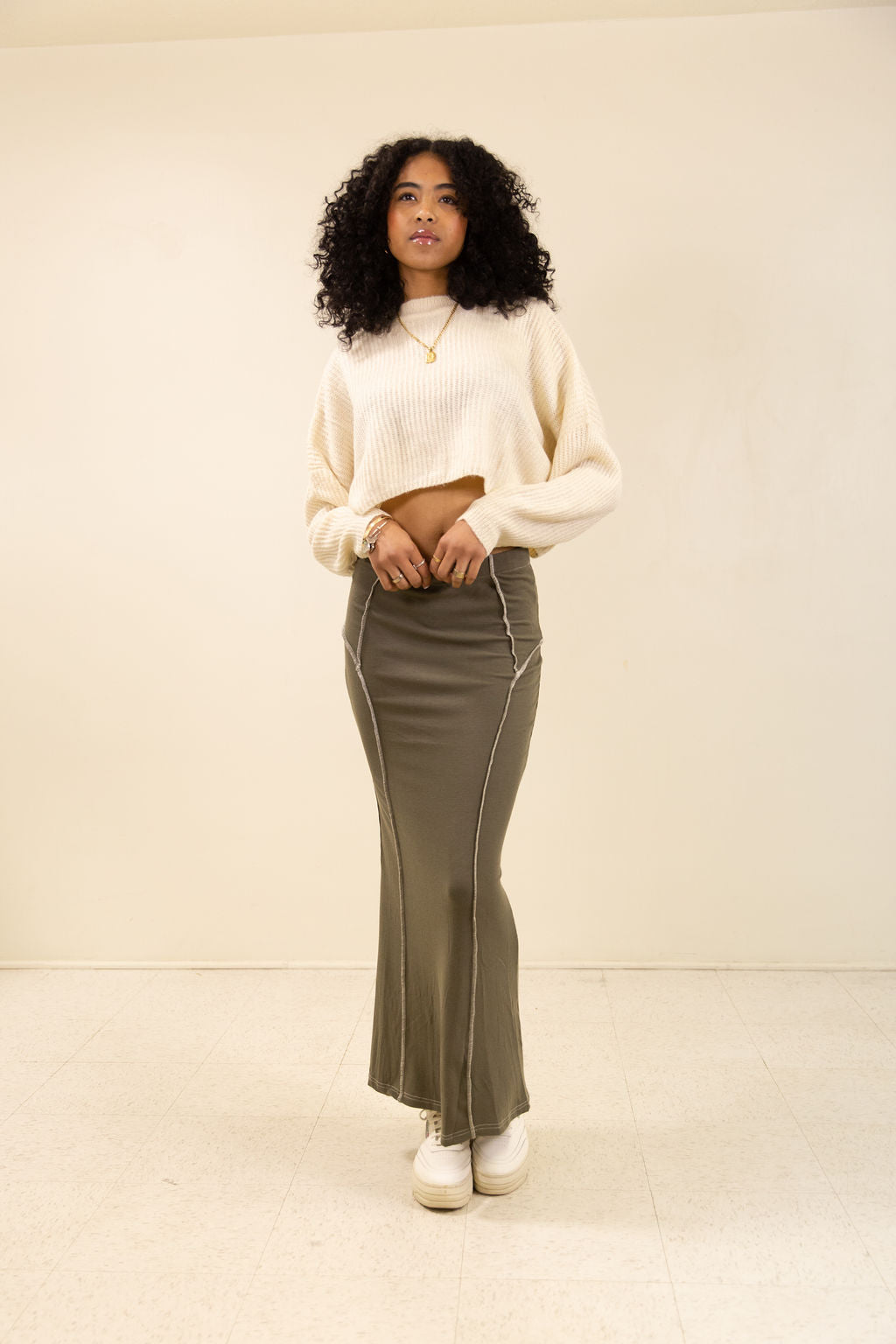 Olive Contrast Maxi Skirt