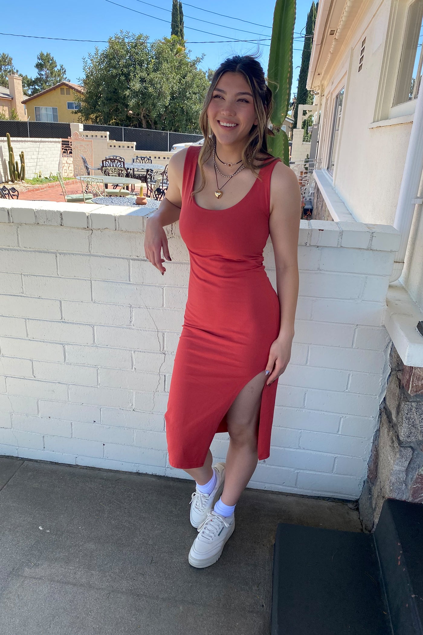 The Perfect Stretchy Front Slit Tank Midi Dress in Red