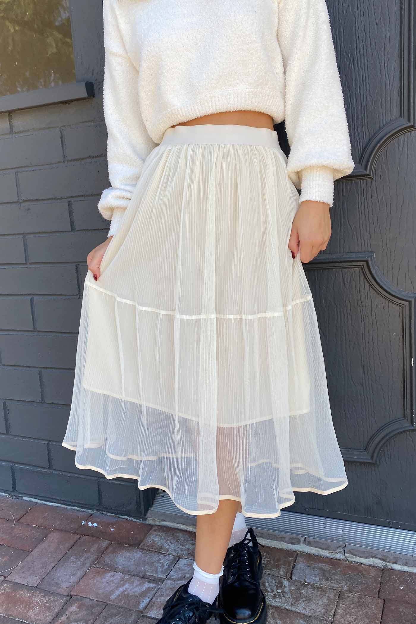 Sheer Pleated Mesh Midi Skirt