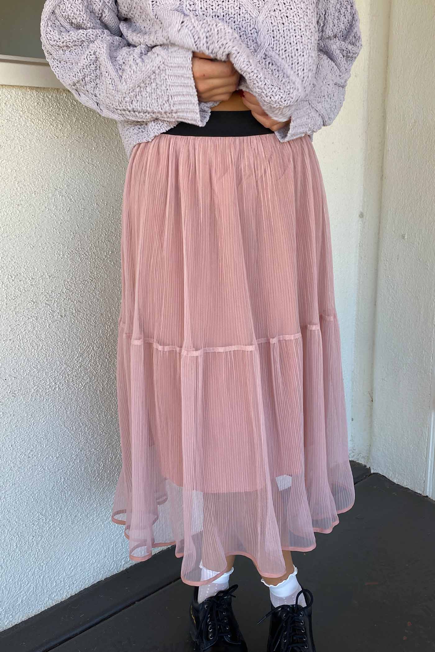 Sheer Pleated Mesh MIdi Skirt