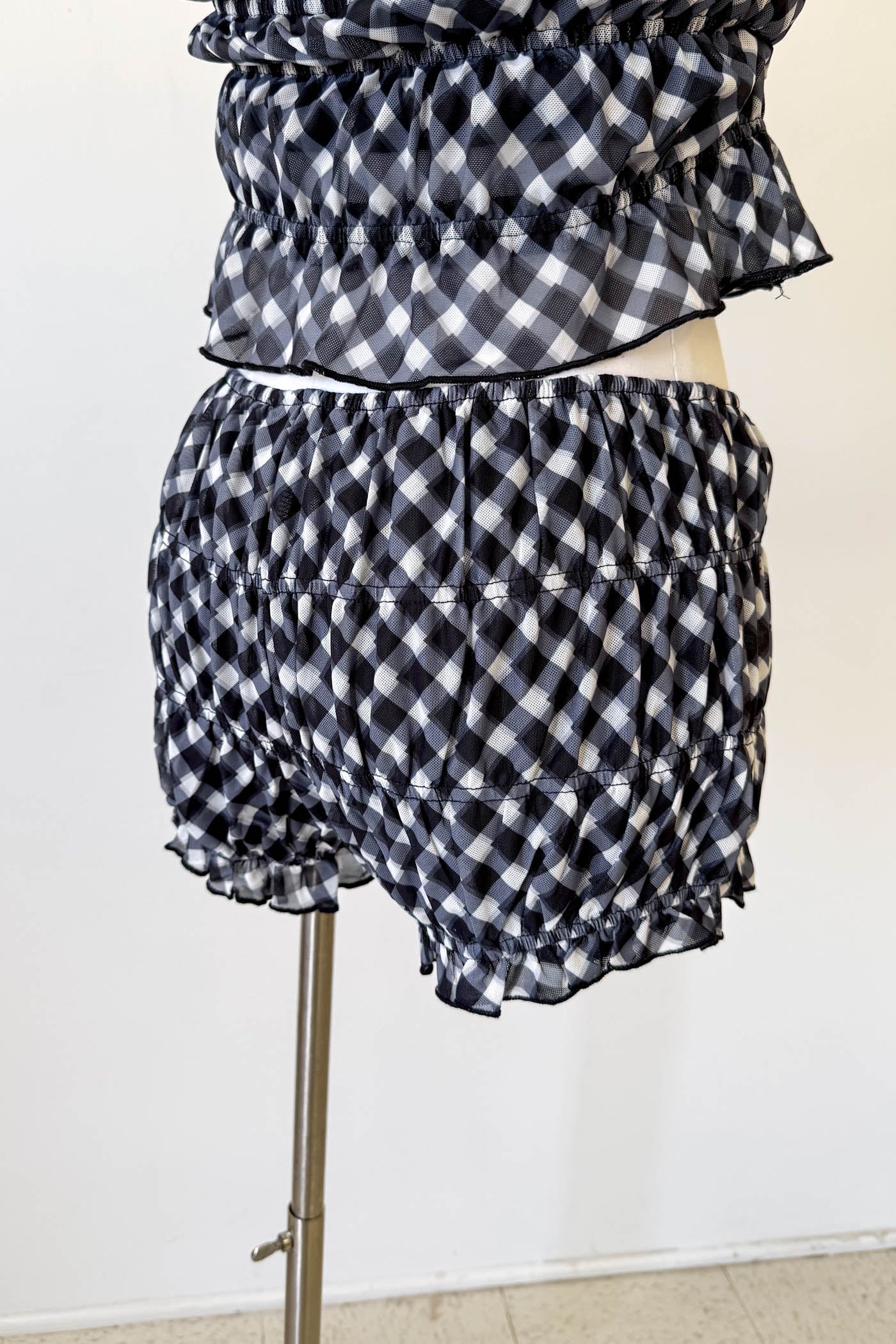 Black Mesh Checkered Ruffle Shorts