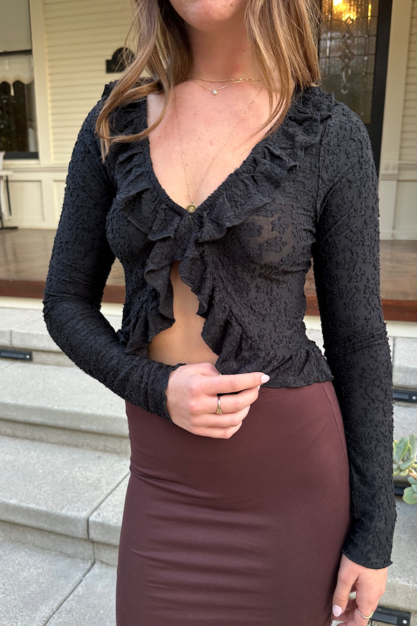 Textured Floral Ruffle Long Sleeve Top