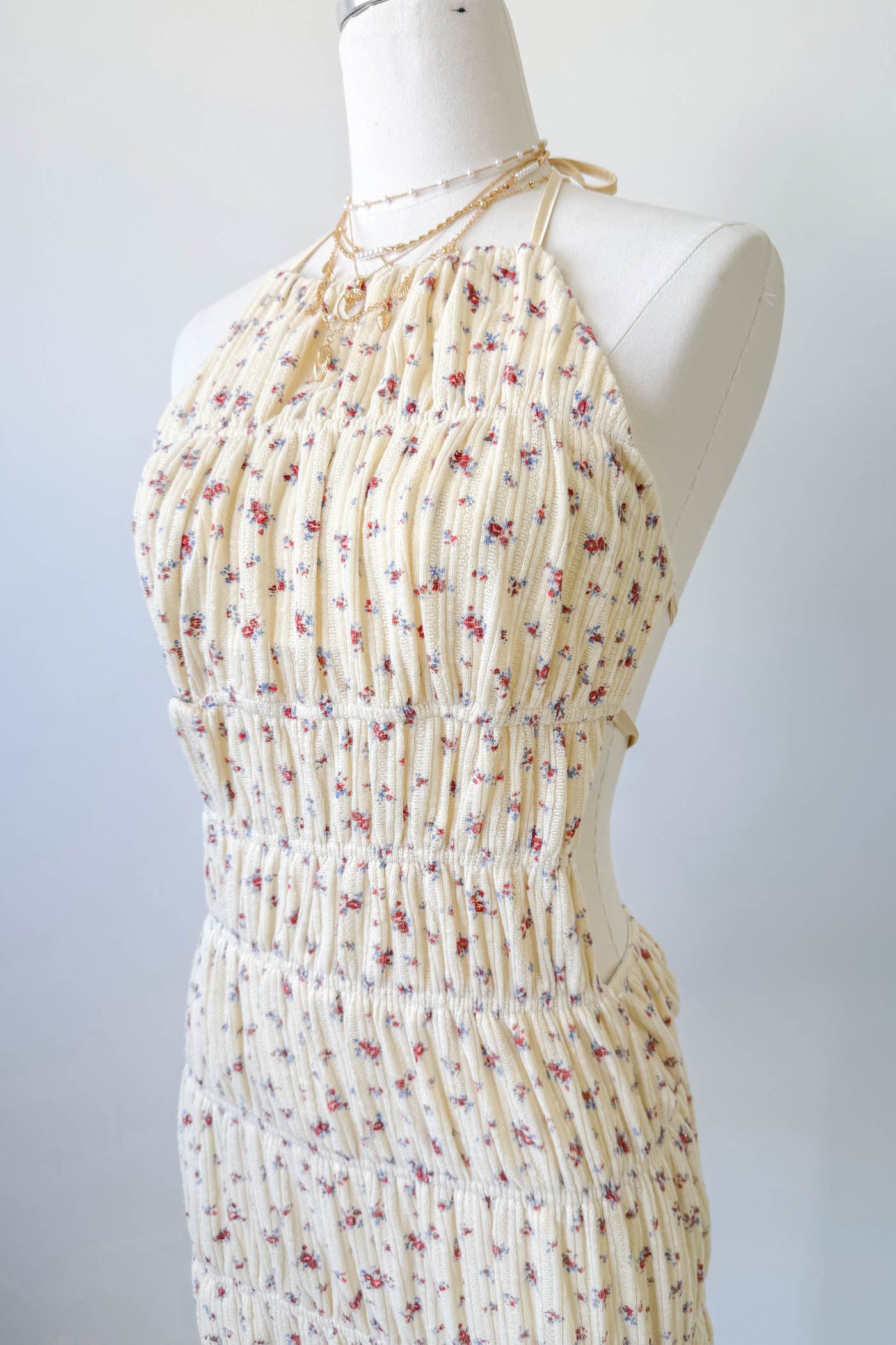 Cream Backless Knit Halter Dress