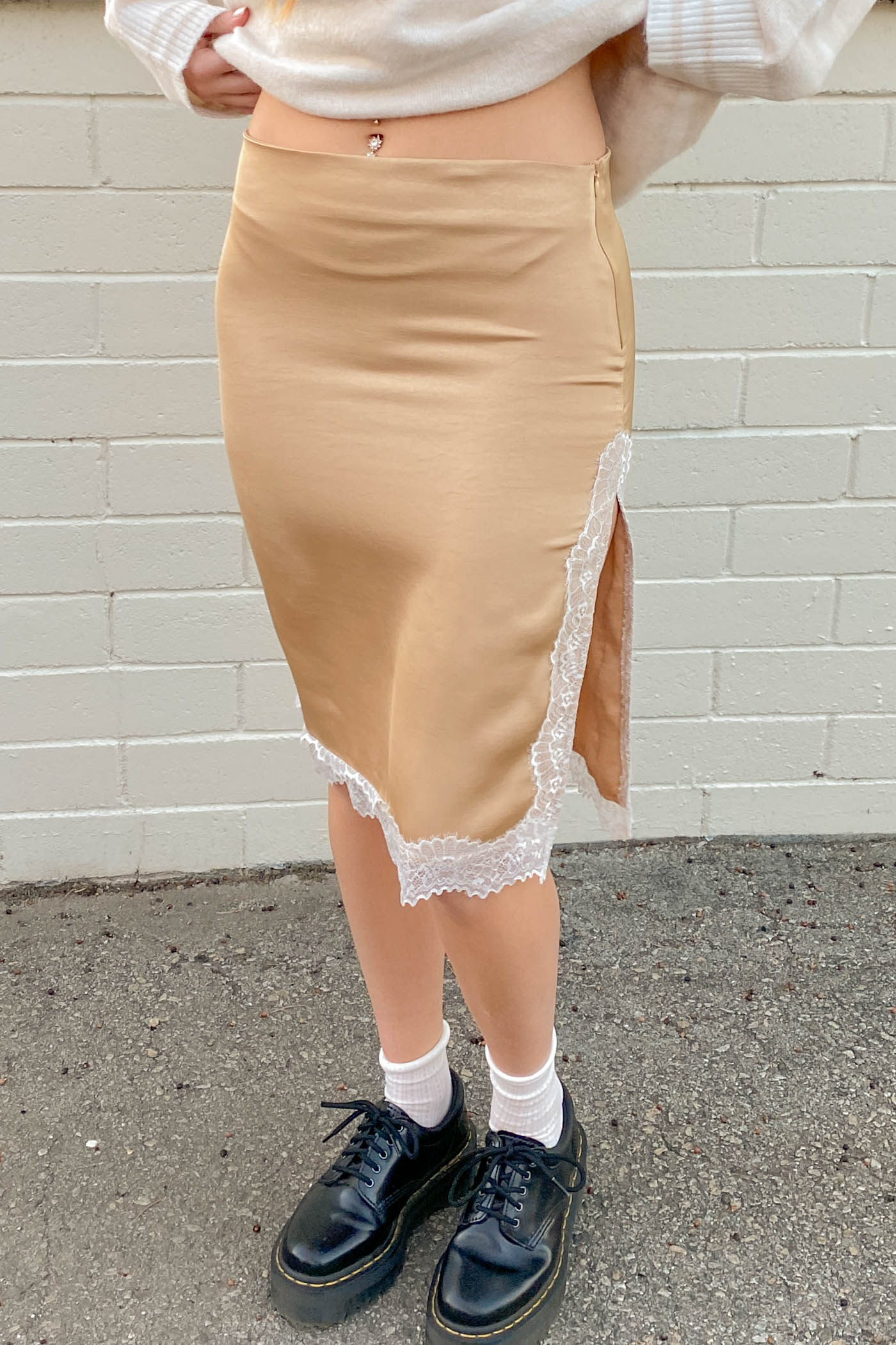 Satin Lace Midi Skirt