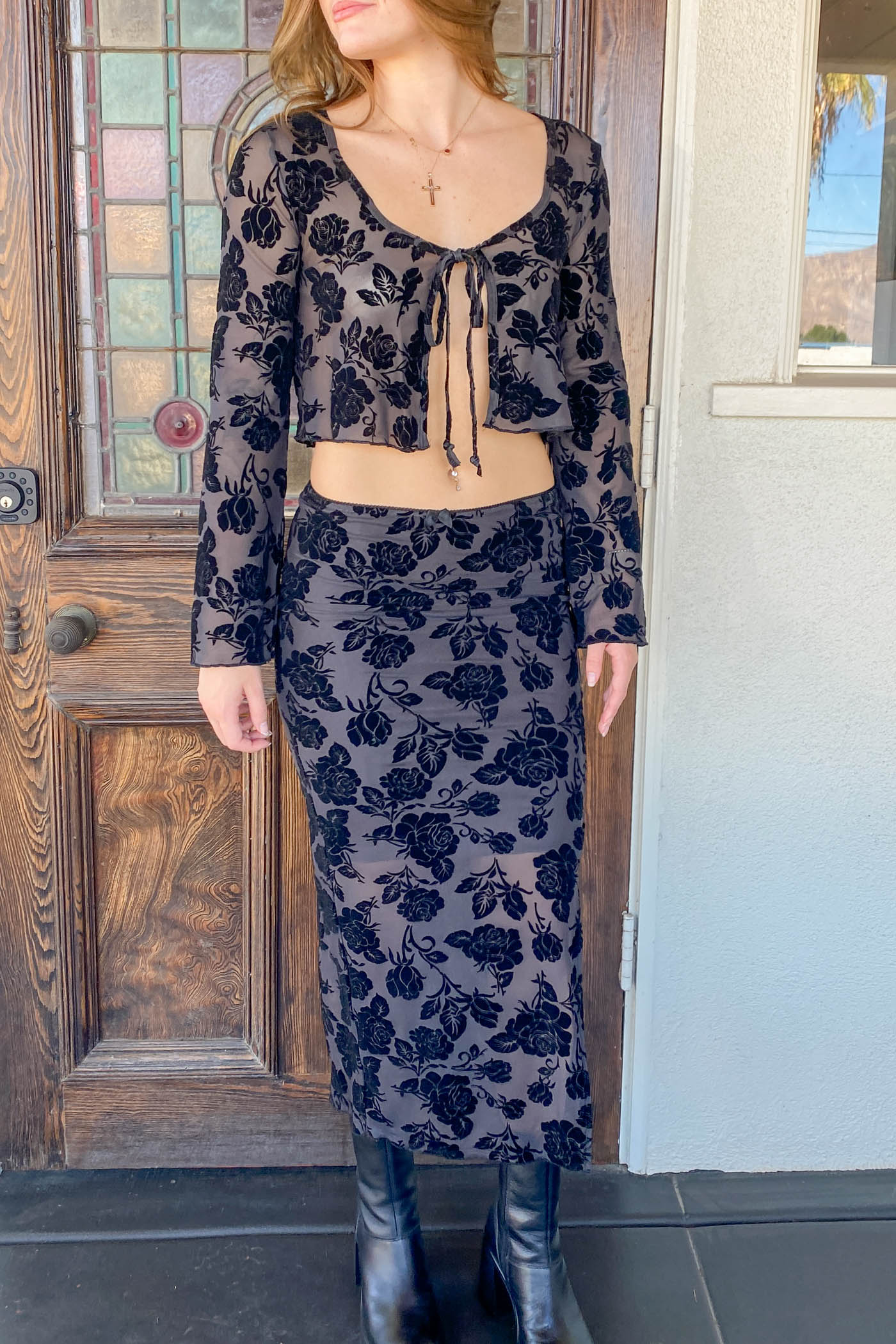 Floral Stretch Lace Midi Skirt