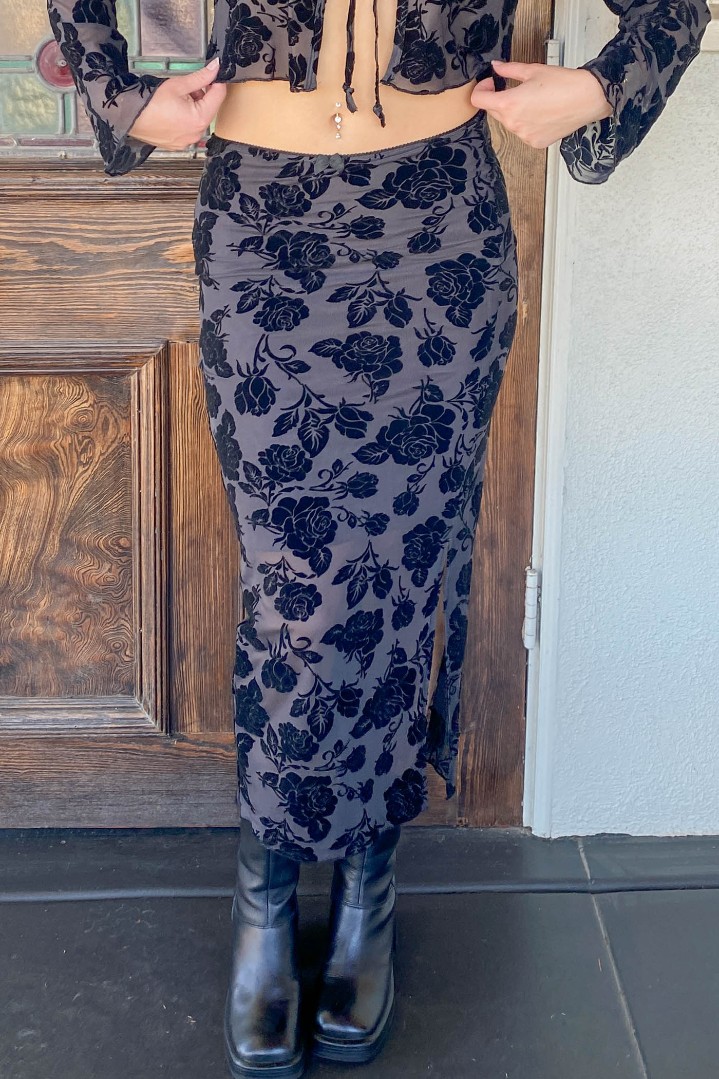 Floral Stretch Lace Midi Skirt