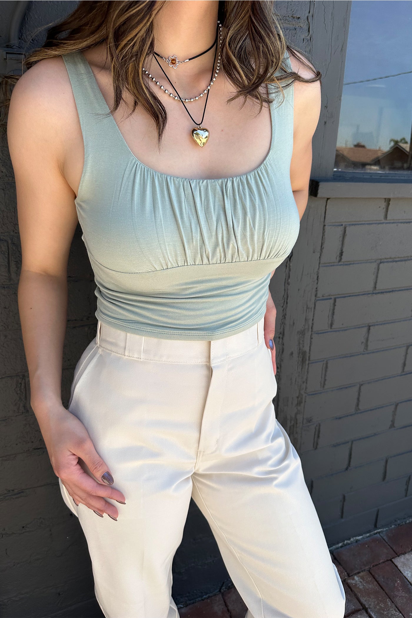 Sage Sleeveless Ruched Bustier Top