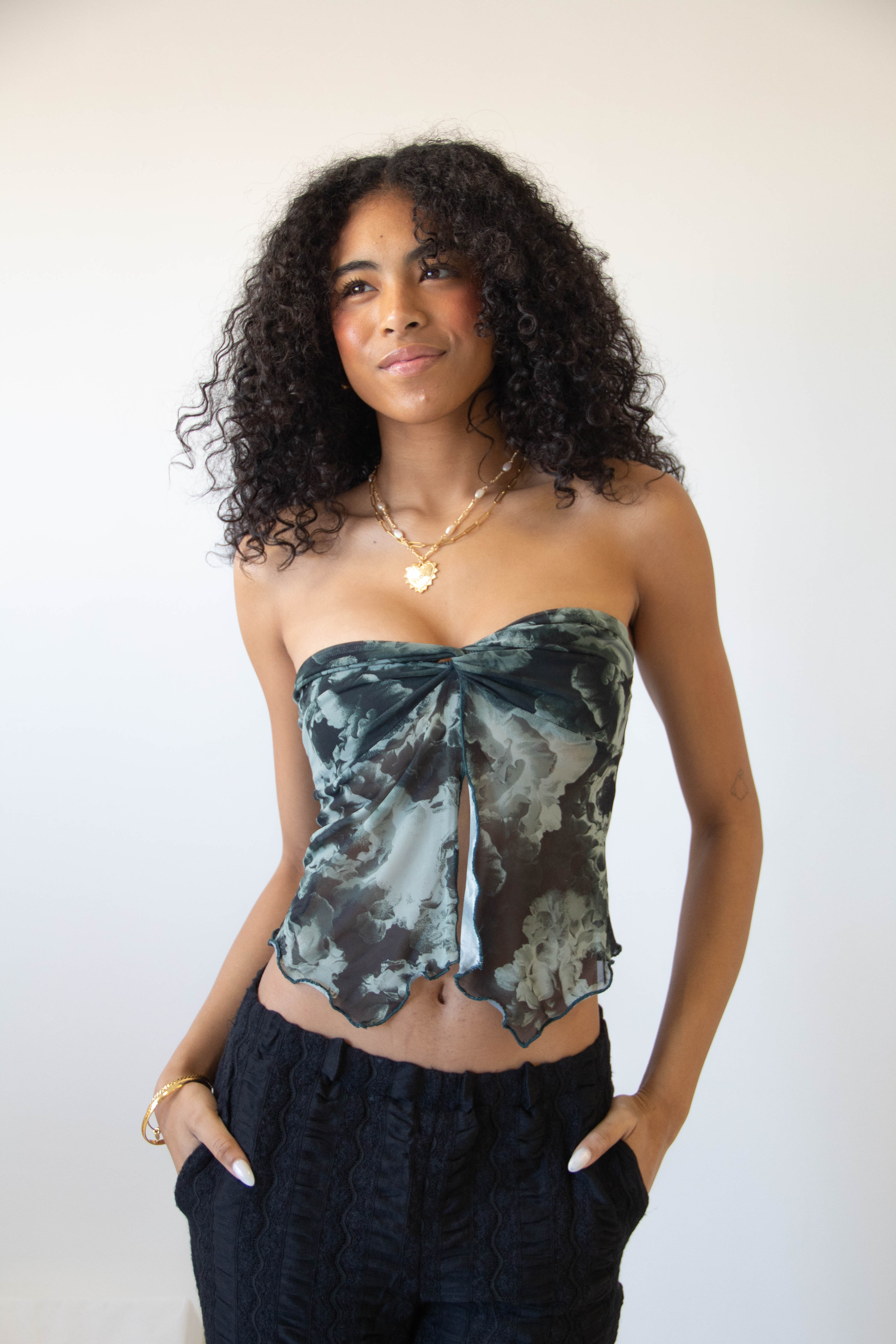 Floral Mesh Split Front Tube Top