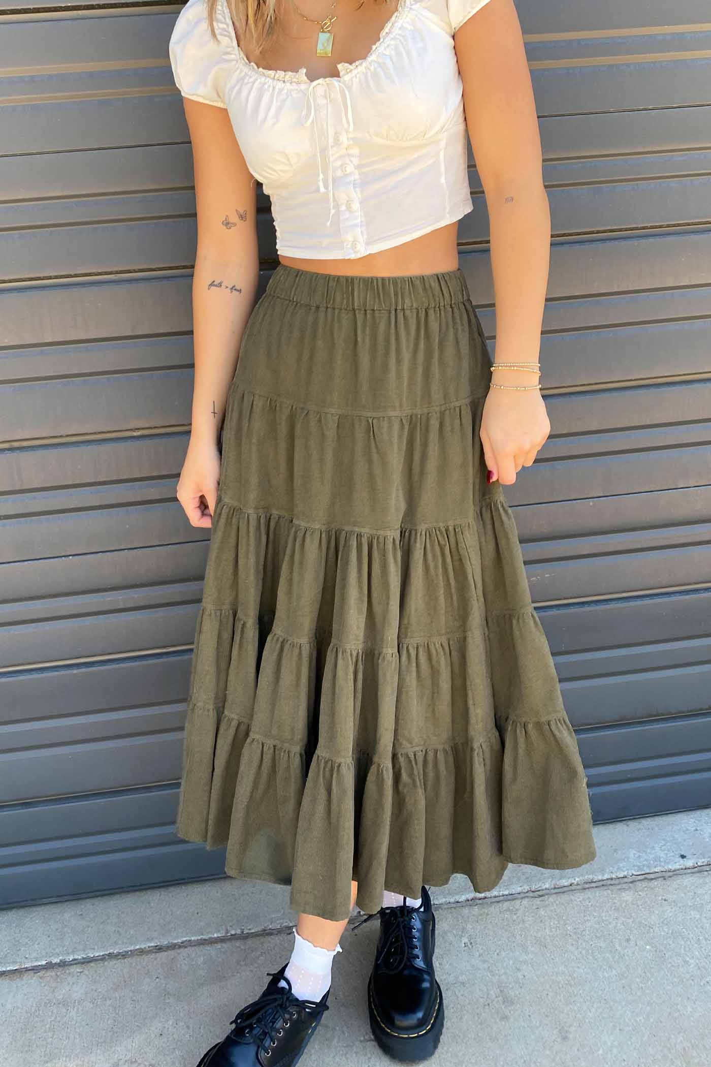 Tiered Corduroy Midi Skirt