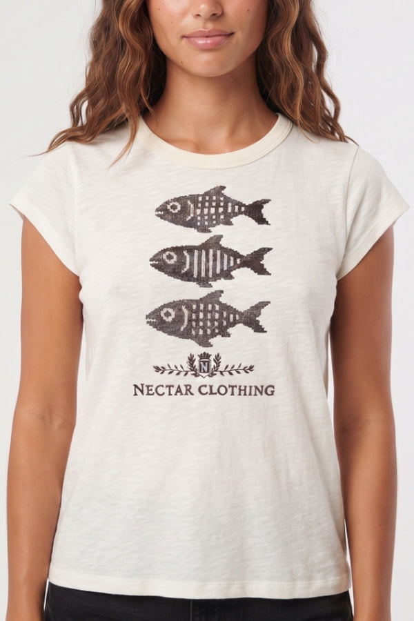 A woman wearing a light beige short-sleeve t-shirt with a graphic of three fish and the text 'NECTAR CLOTHING' printed on the front.