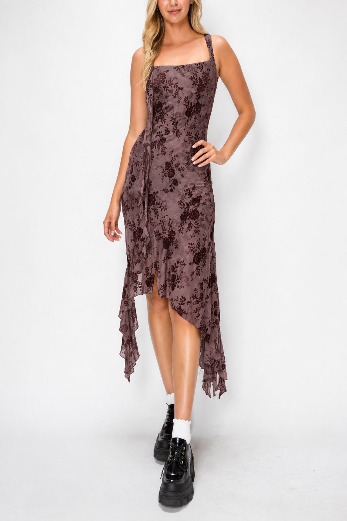 Floral Flocked Handkerchief Dress