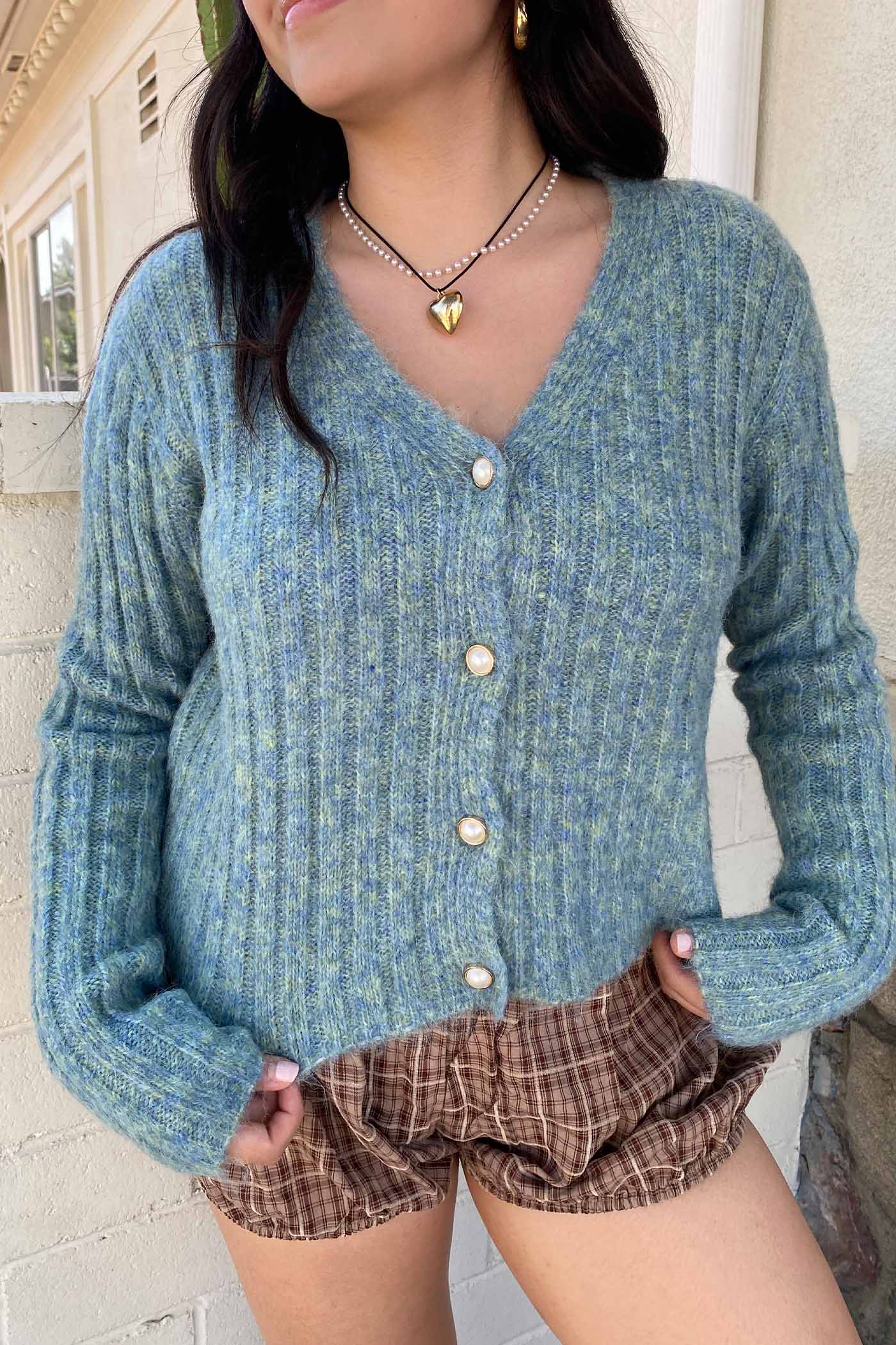 Pearl Button Ribbed Knit Cardigan