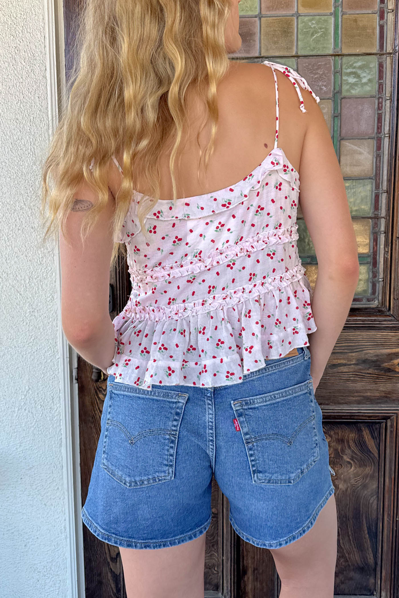 Cherry Print Split Front Top