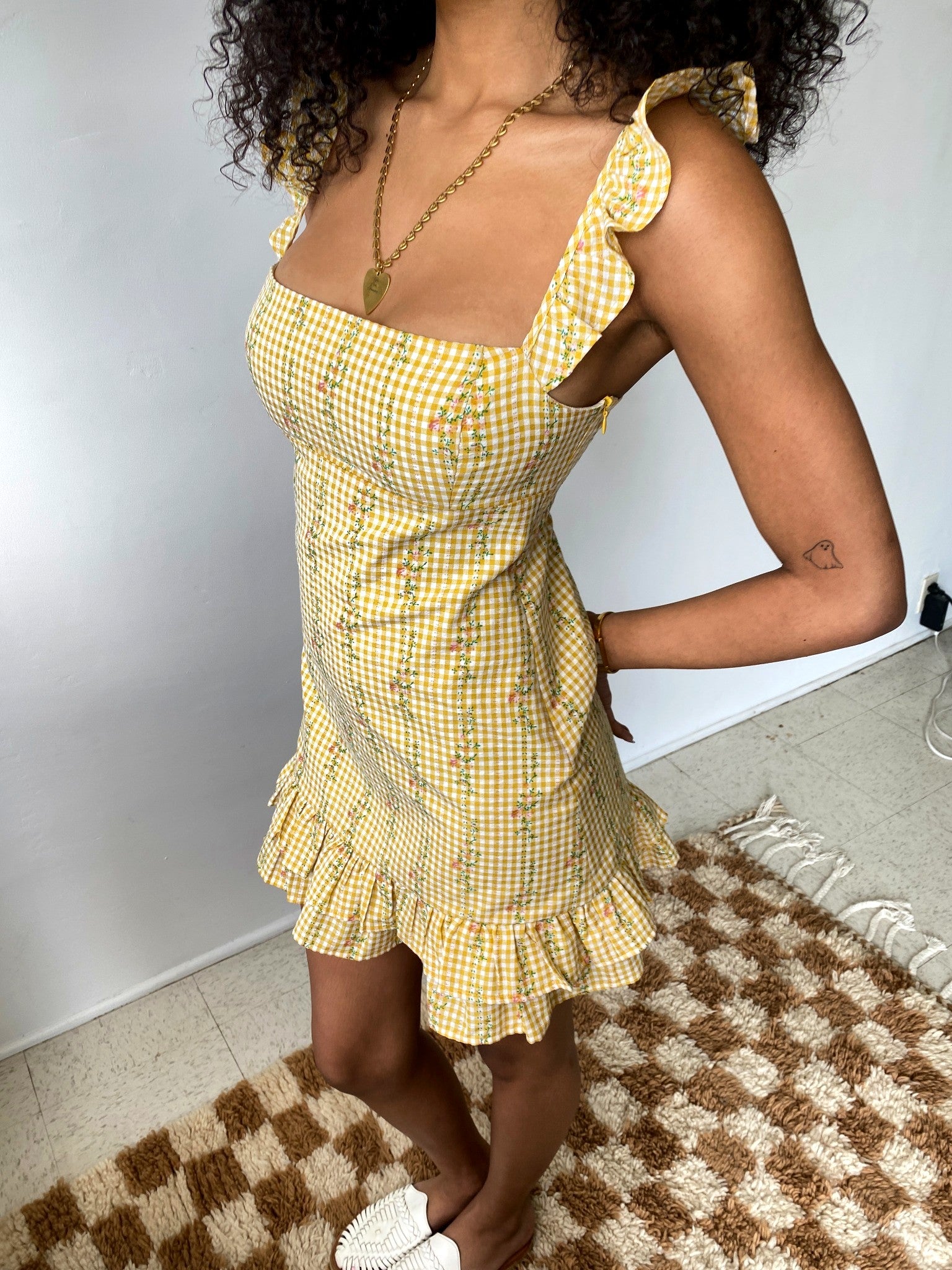 Gingham Floral Ruffle Dress