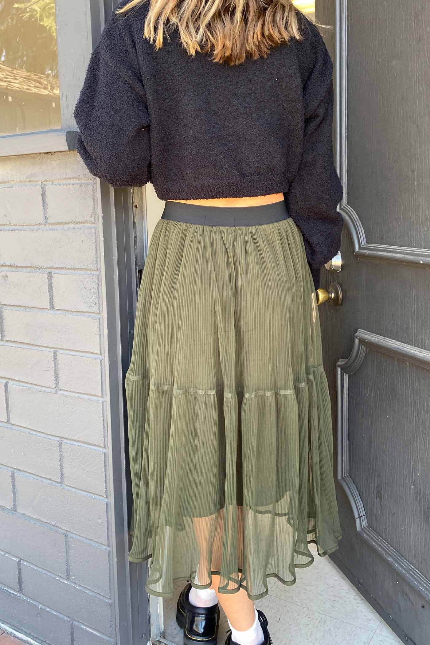 Sheer Pleated Mesh Midi Skirt