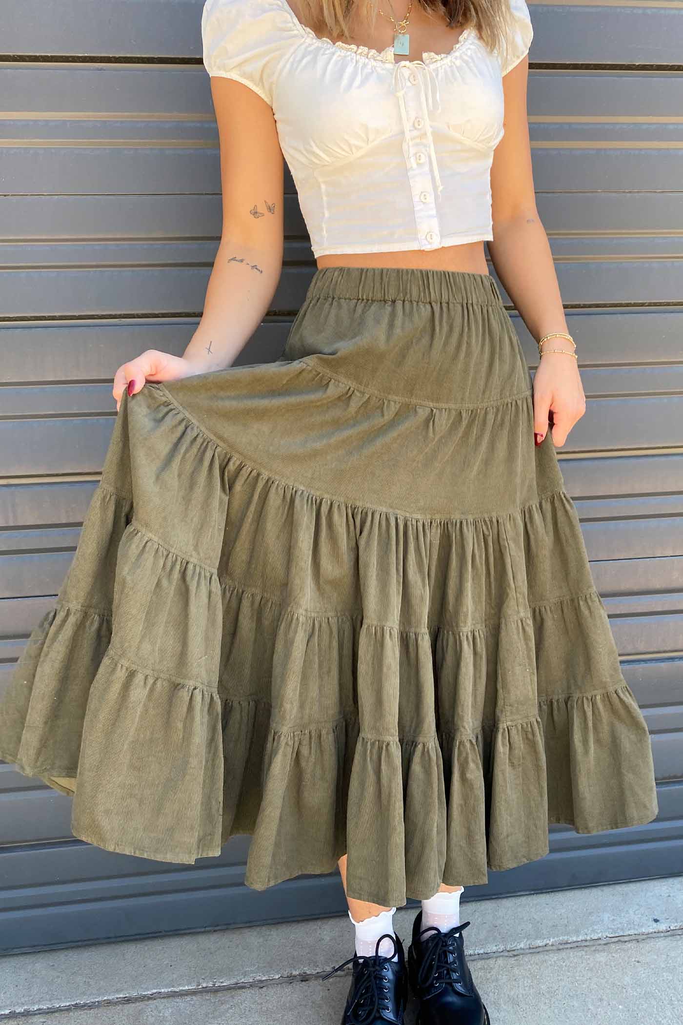 Tiered Corduroy Midi Skirt