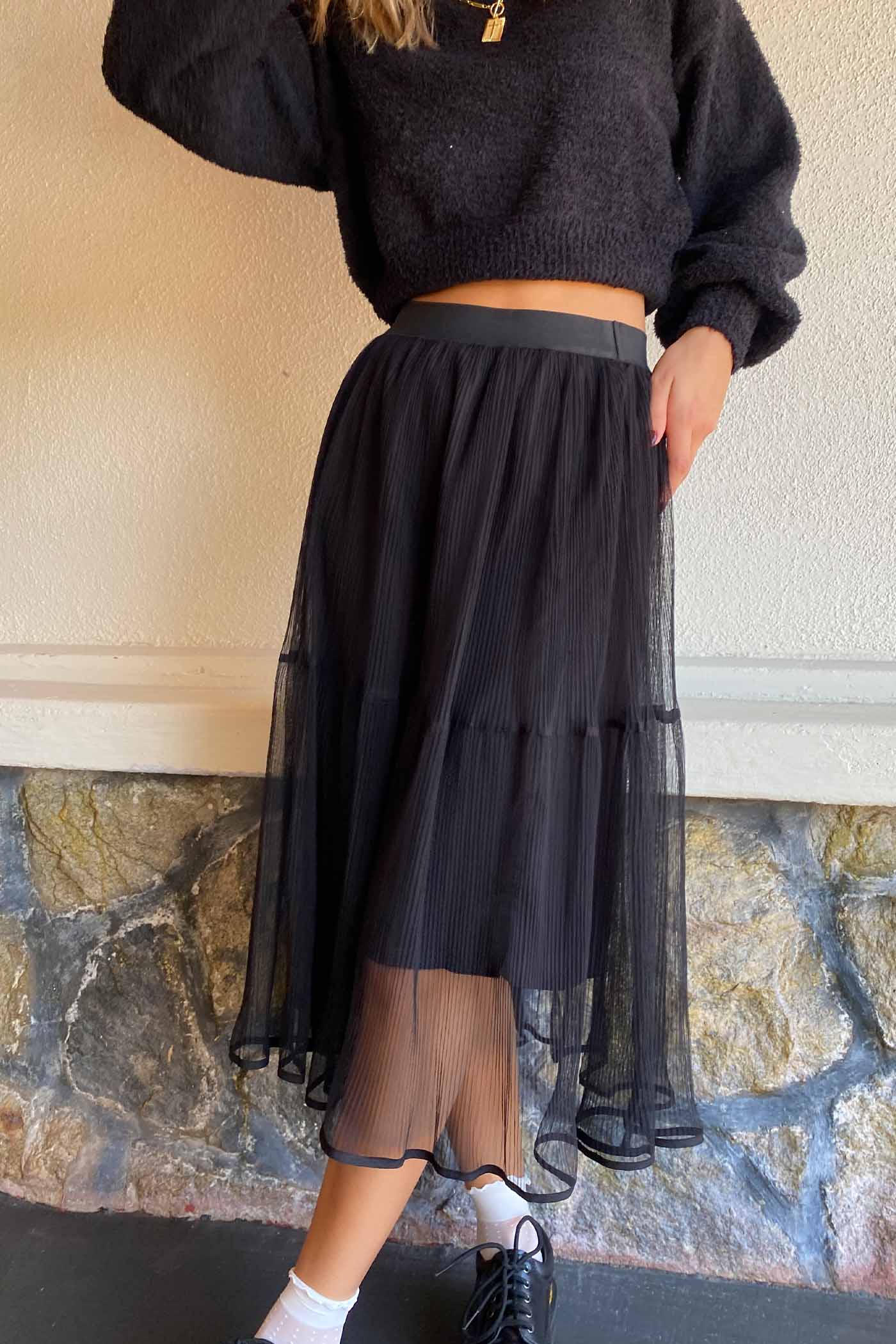 Sheer Pleated Mesh Midi Skirt