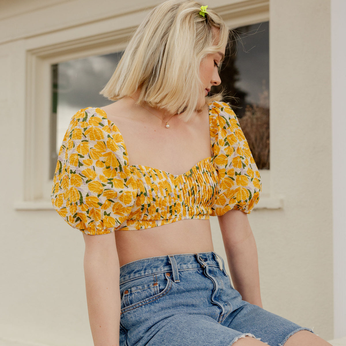 Happy Anywhere Puff Sleeve Floral Crop Top