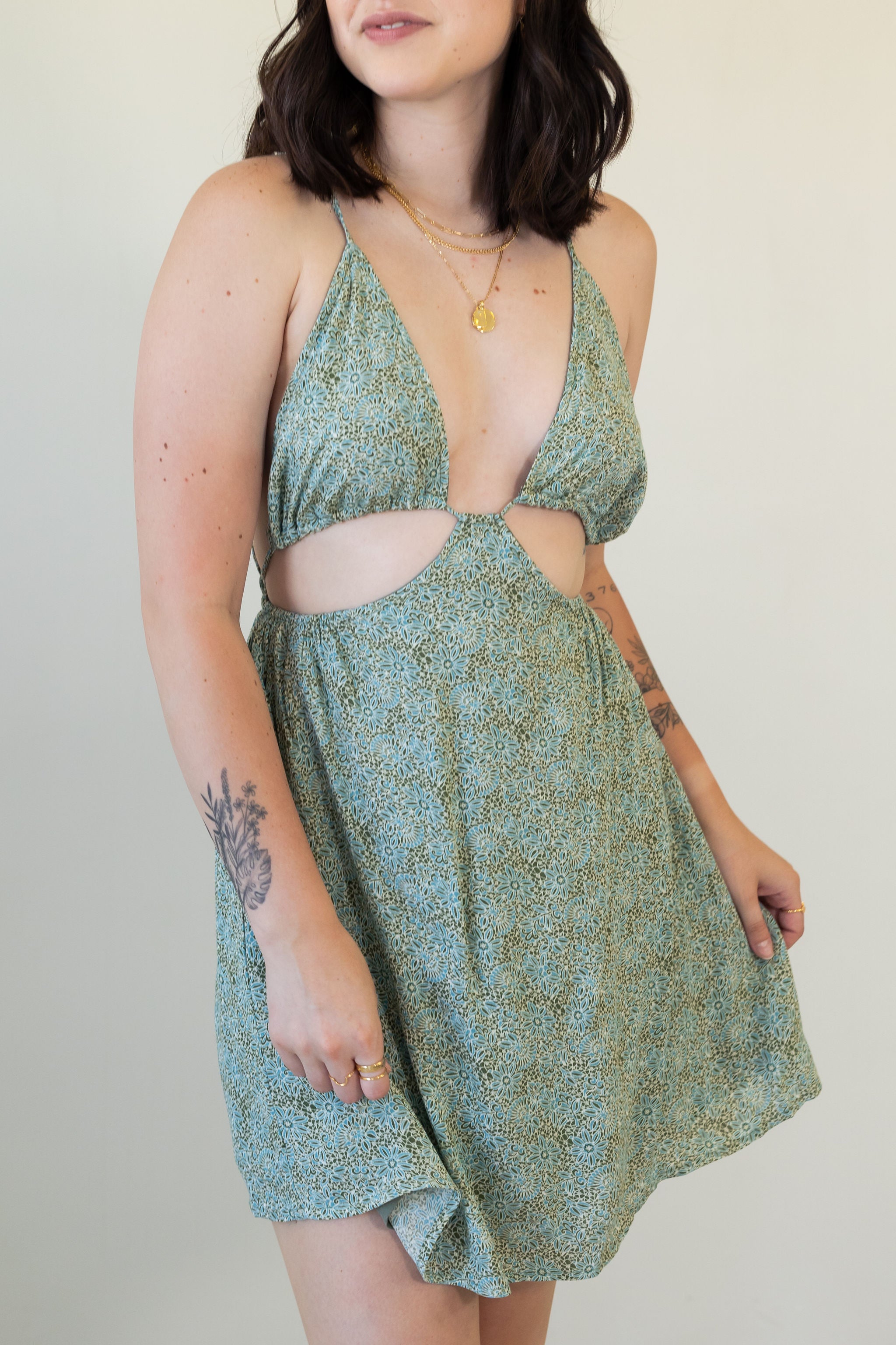 teal floral cami dress with cutouts