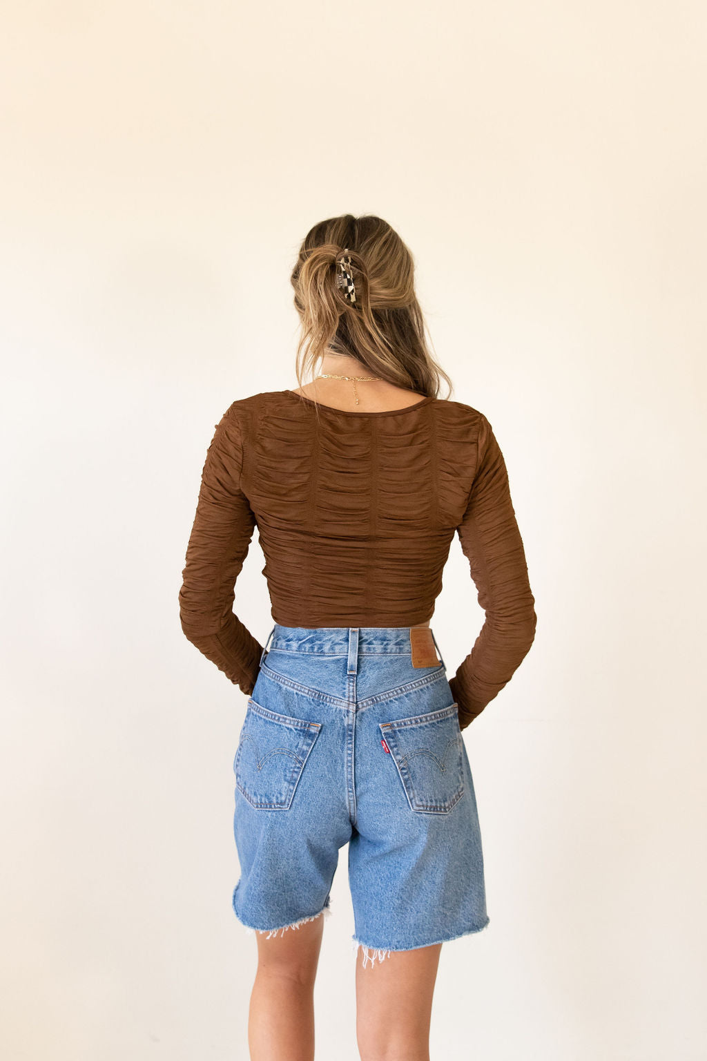 Don't Dare Long Sleeve Rouched Crop Top