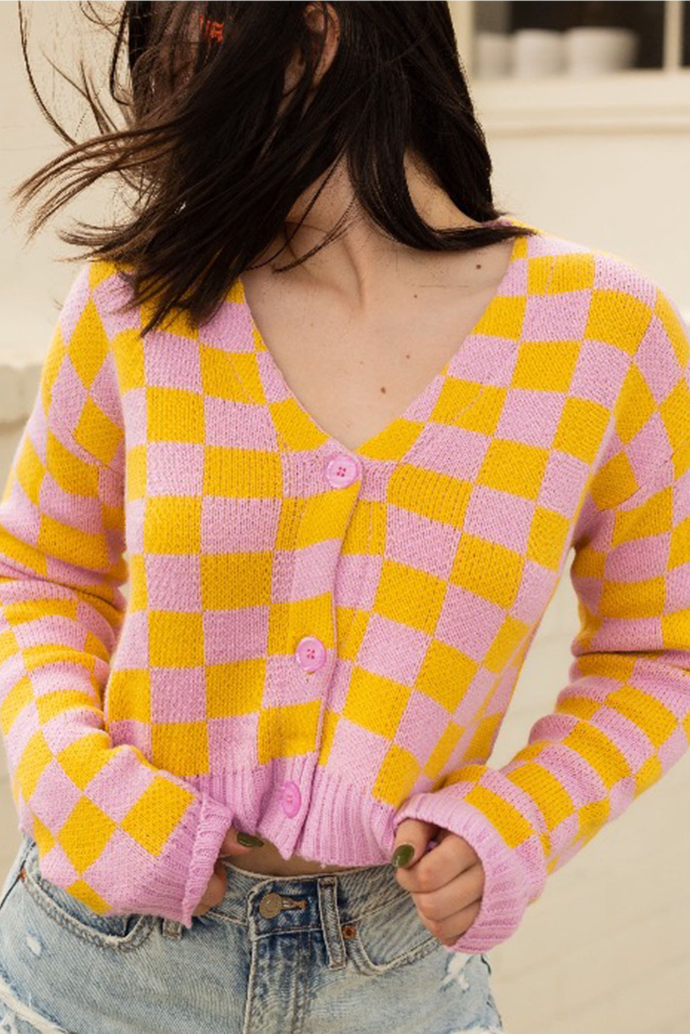 Look Around Checkered Knit Cropped Cardigan